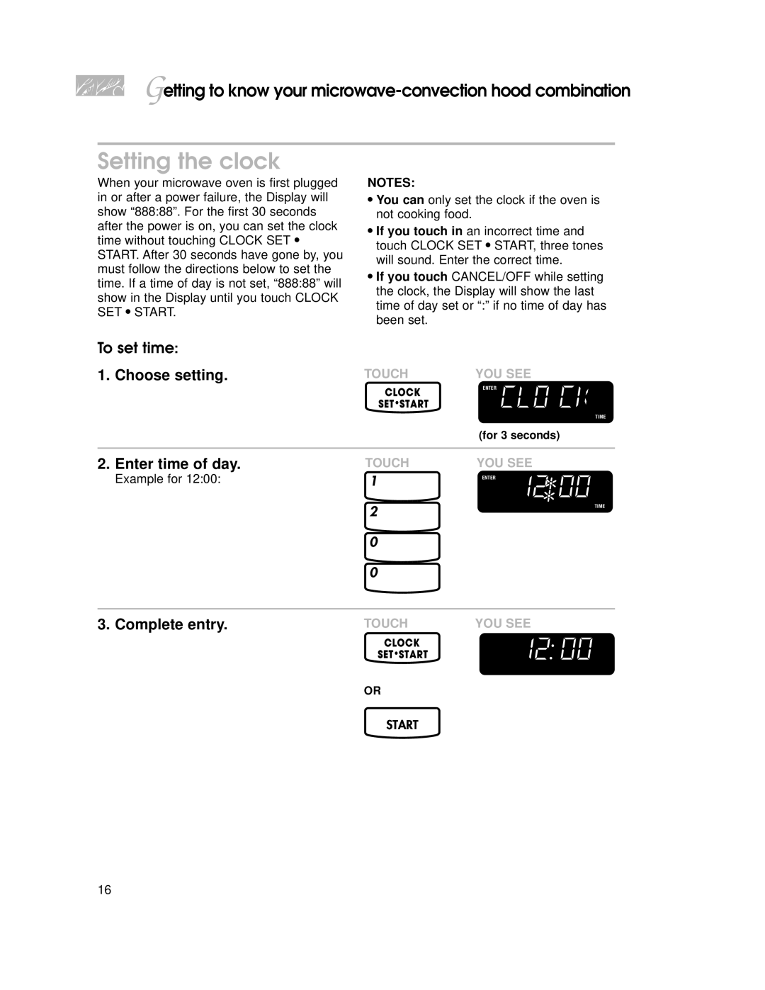 KitchenAid 4359916, YKHMC107E warranty Setting the clock, To set time, Choose setting, Enter time of day, Complete entry 