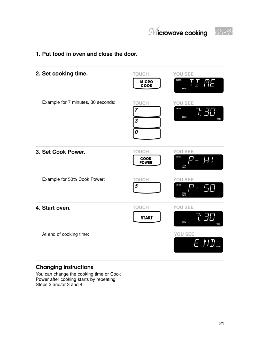 KitchenAid YKHMC107E Set Cook Power, Example for 7 minutes, 30 seconds, Example for 50% Cook Power, At end of cooking time 