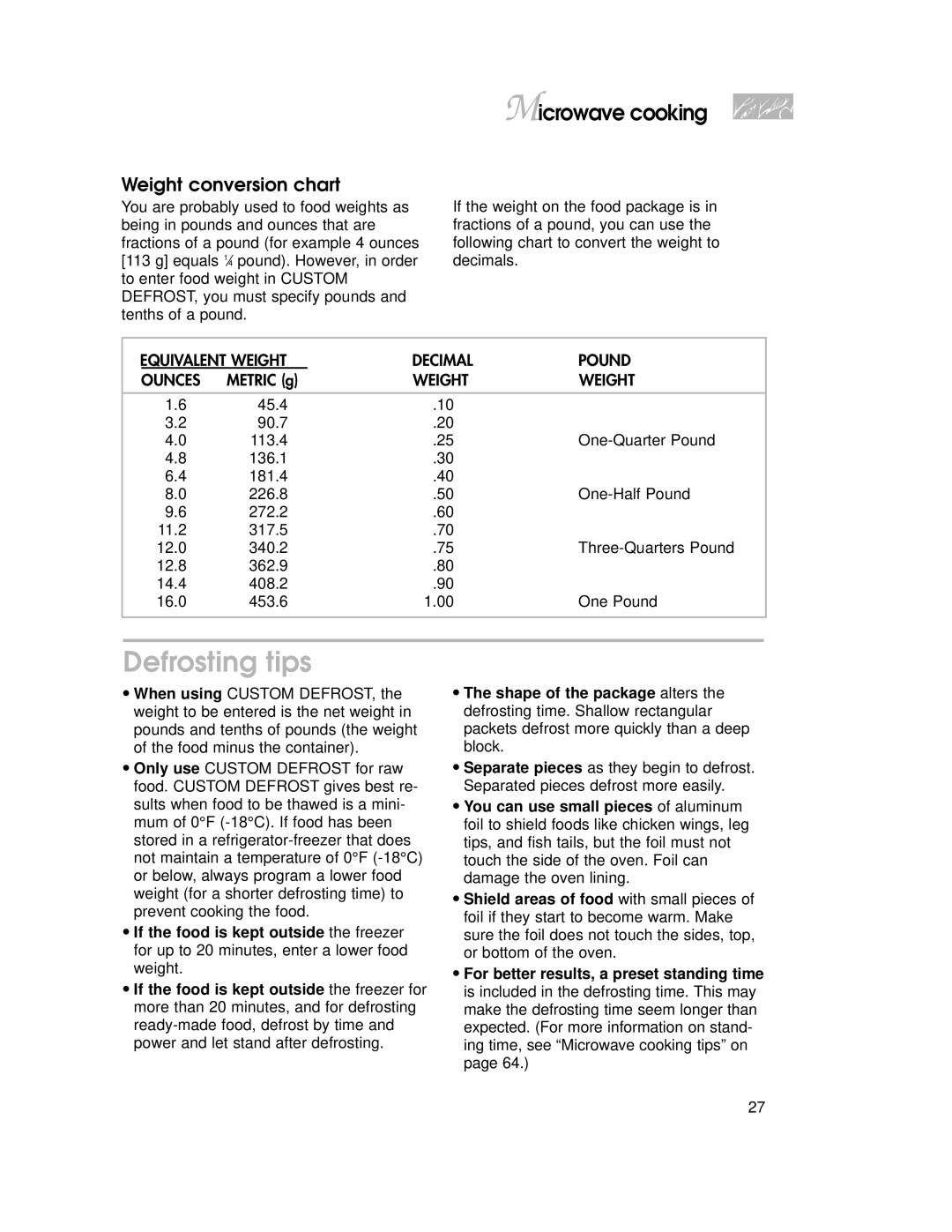 KitchenAid YKHMC107E, 4359916 Defrosting tips, Weight conversion chart, Equivalent Weight Decimal Pound Ounces, Metric g 