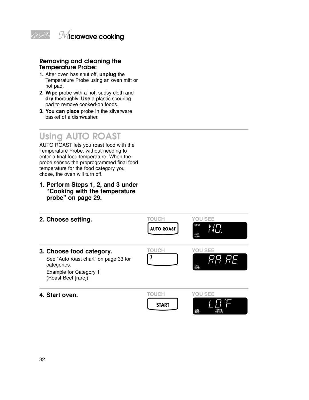 KitchenAid 3828W5A0969 Using Auto Roast, Removing and cleaning the Temperature Probe, Choose food category, Categories 