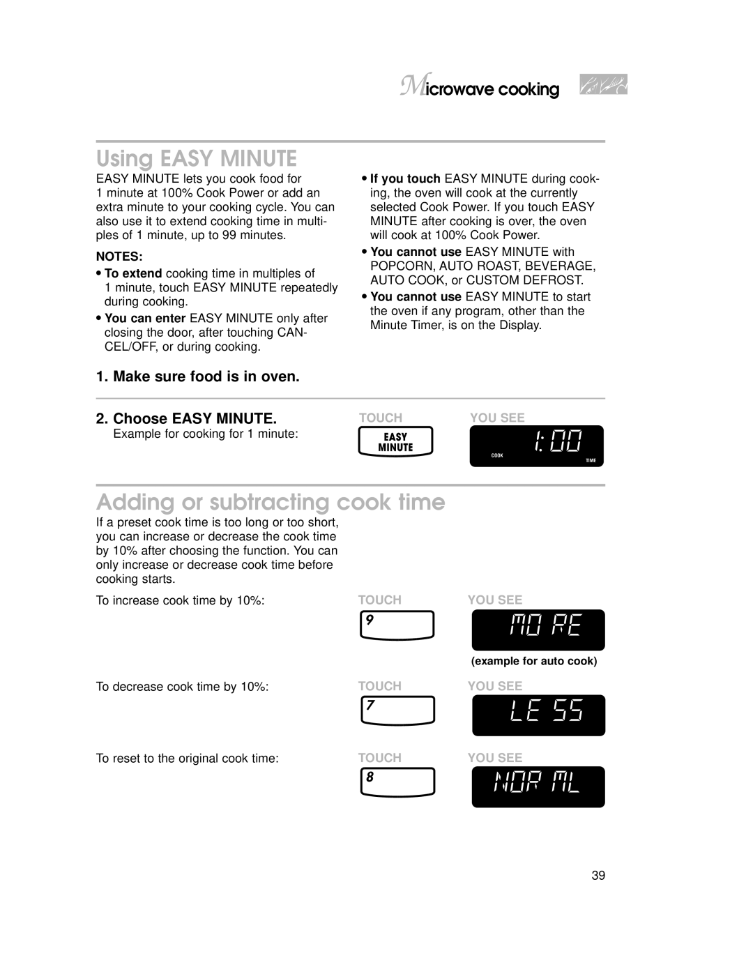 KitchenAid YKHMC107E Using Easy Minute, Adding or subtracting cook time, Make sure food is in oven Choose Easy Minute 