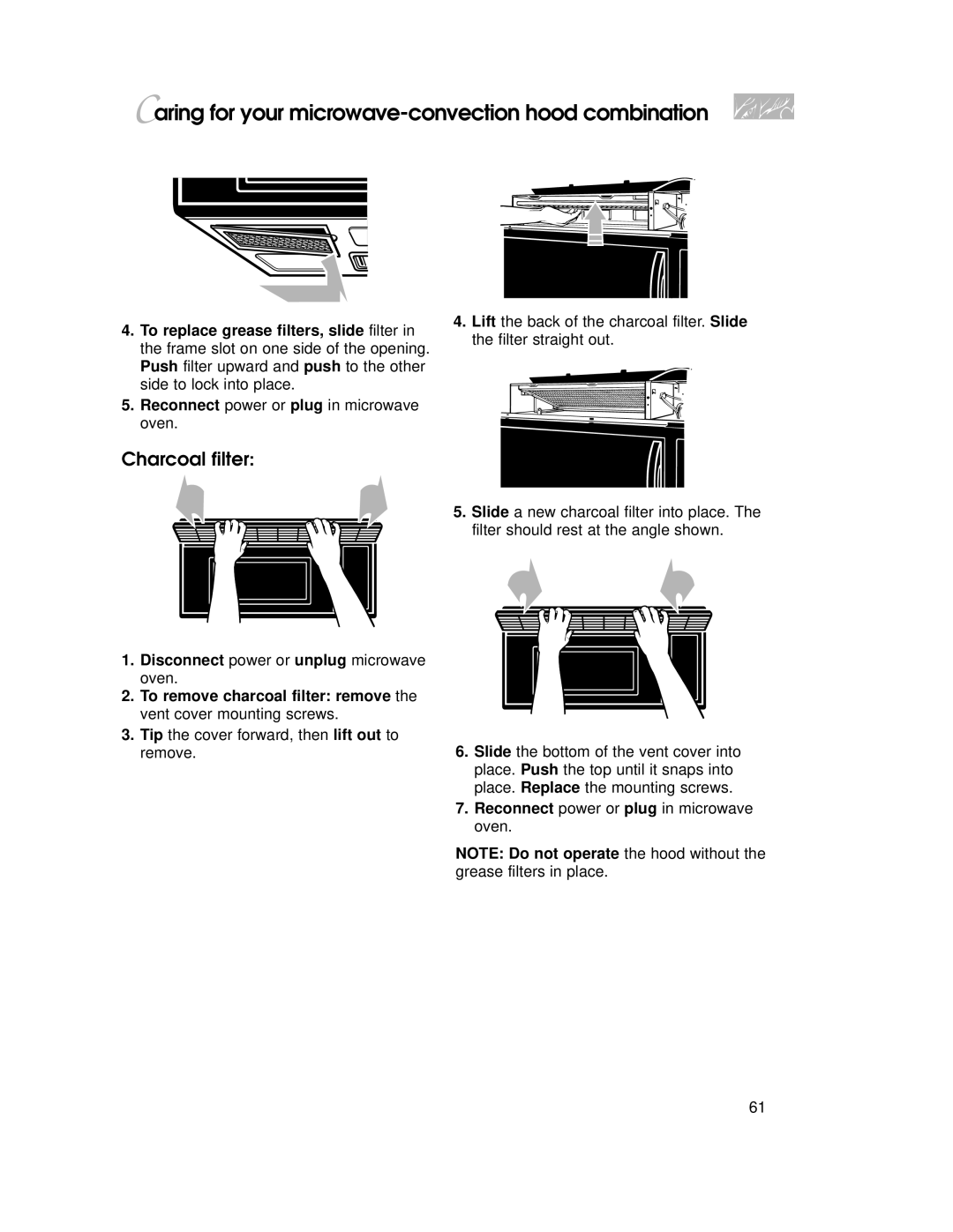 KitchenAid 4359916, YKHMC107E, 3828W5A0969 warranty Caring for your microwave-convection hood combination, Charcoal filter 