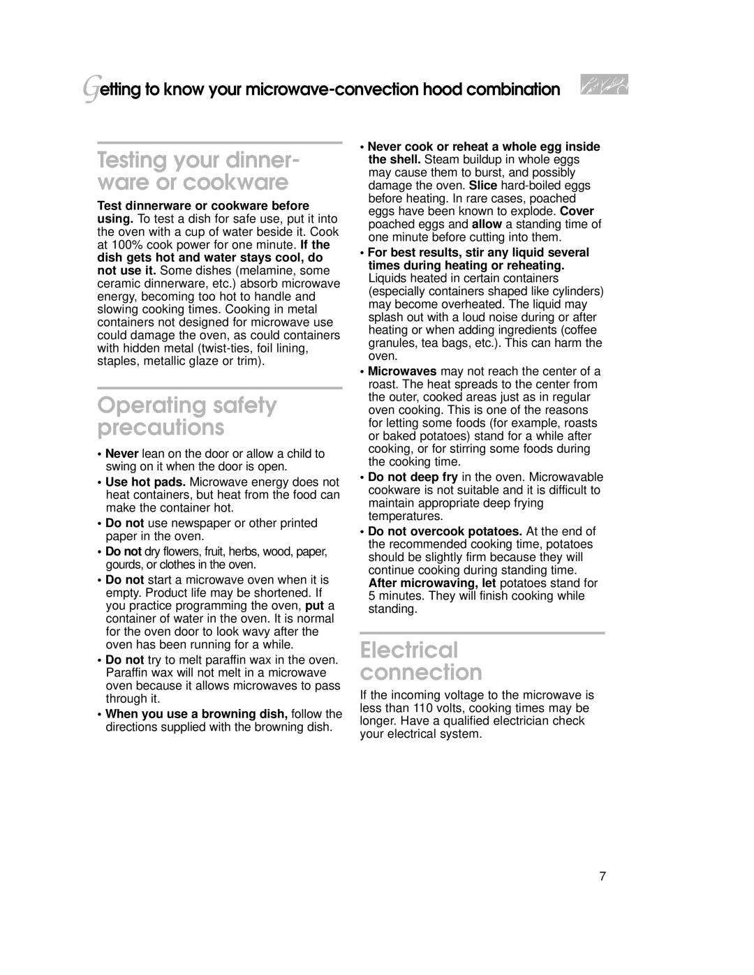 KitchenAid 4359916, YKHMC107E Testing your dinner- ware or cookware, Operating safety precautions, Electrical connection 