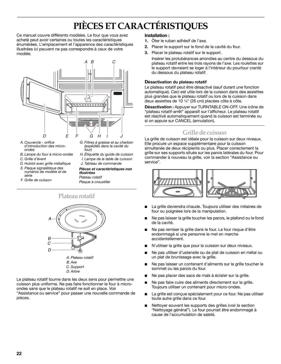 KitchenAid YKHMS155L manual Pièces ET Caractéristiques, Grille de cuisson, Plateau rotatif, Installation 