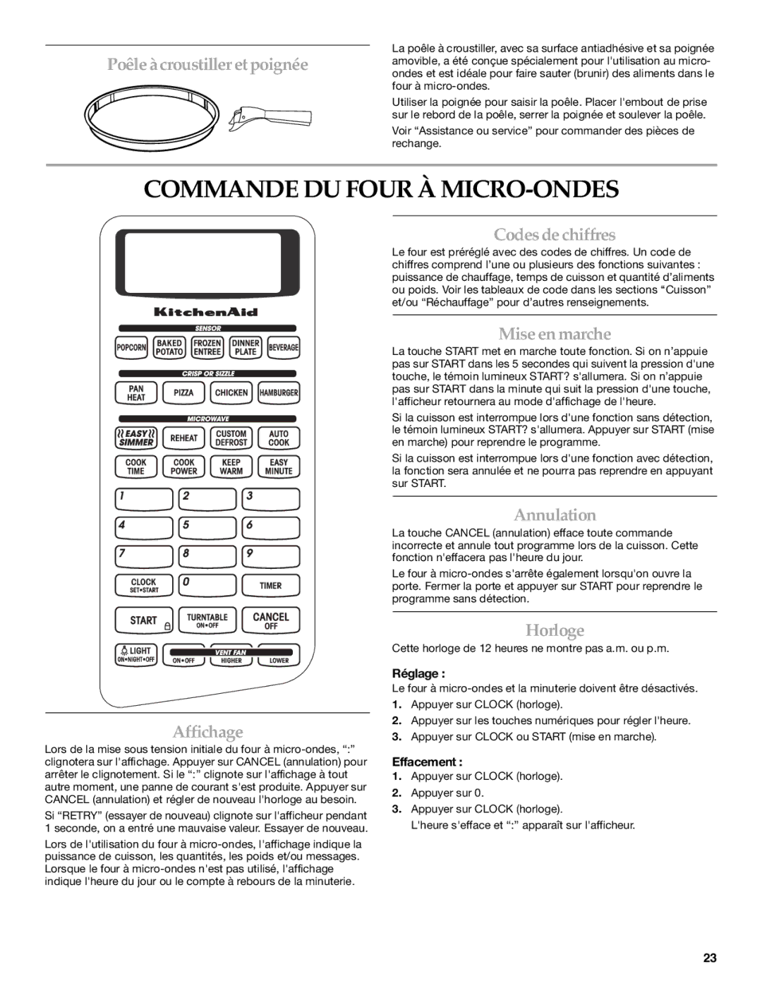 KitchenAid YKHMS155L manual Commande DU Four À MICRO-ONDES 