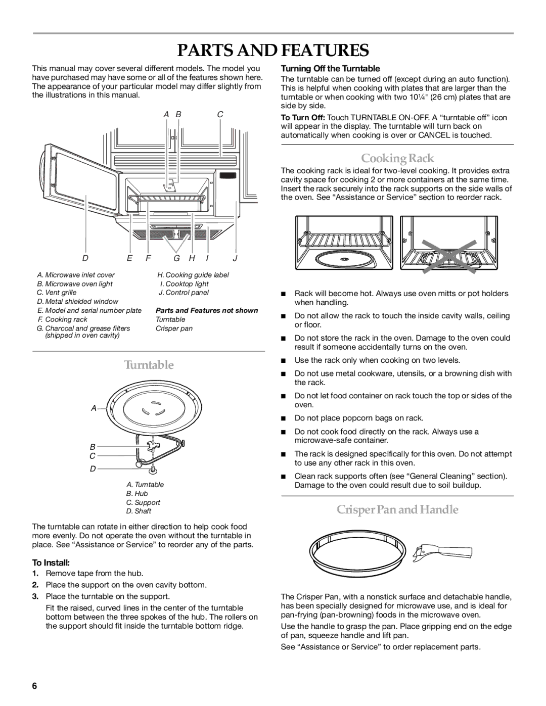 KitchenAid YKHMS155L manual Parts and Features, Cooking Rack, Turntable, Crisper Pan and Handle 