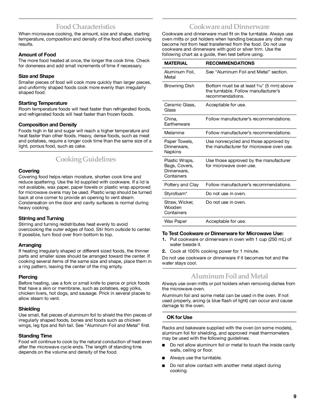 KitchenAid YKHMS155L manual Food Characteristics, Cooking Guidelines, Cookware and Dinnerware, Aluminum Foil and Metal 