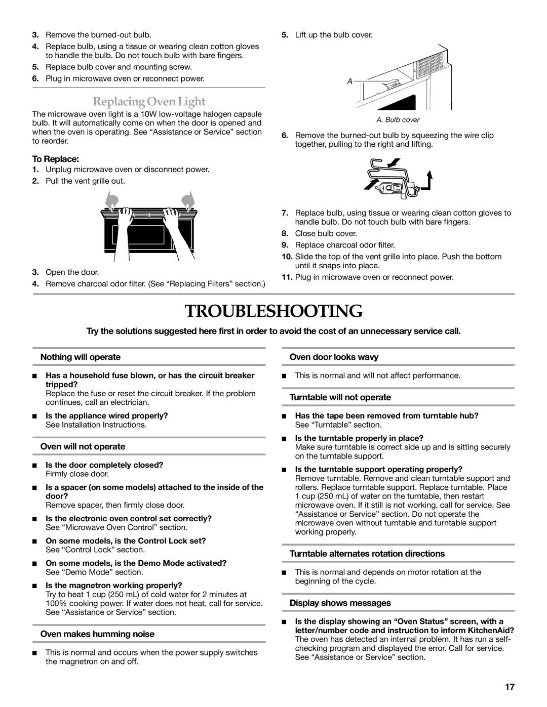 KitchenAid YKHMS175M manual Troubleshooting, Replacing Oven Light 