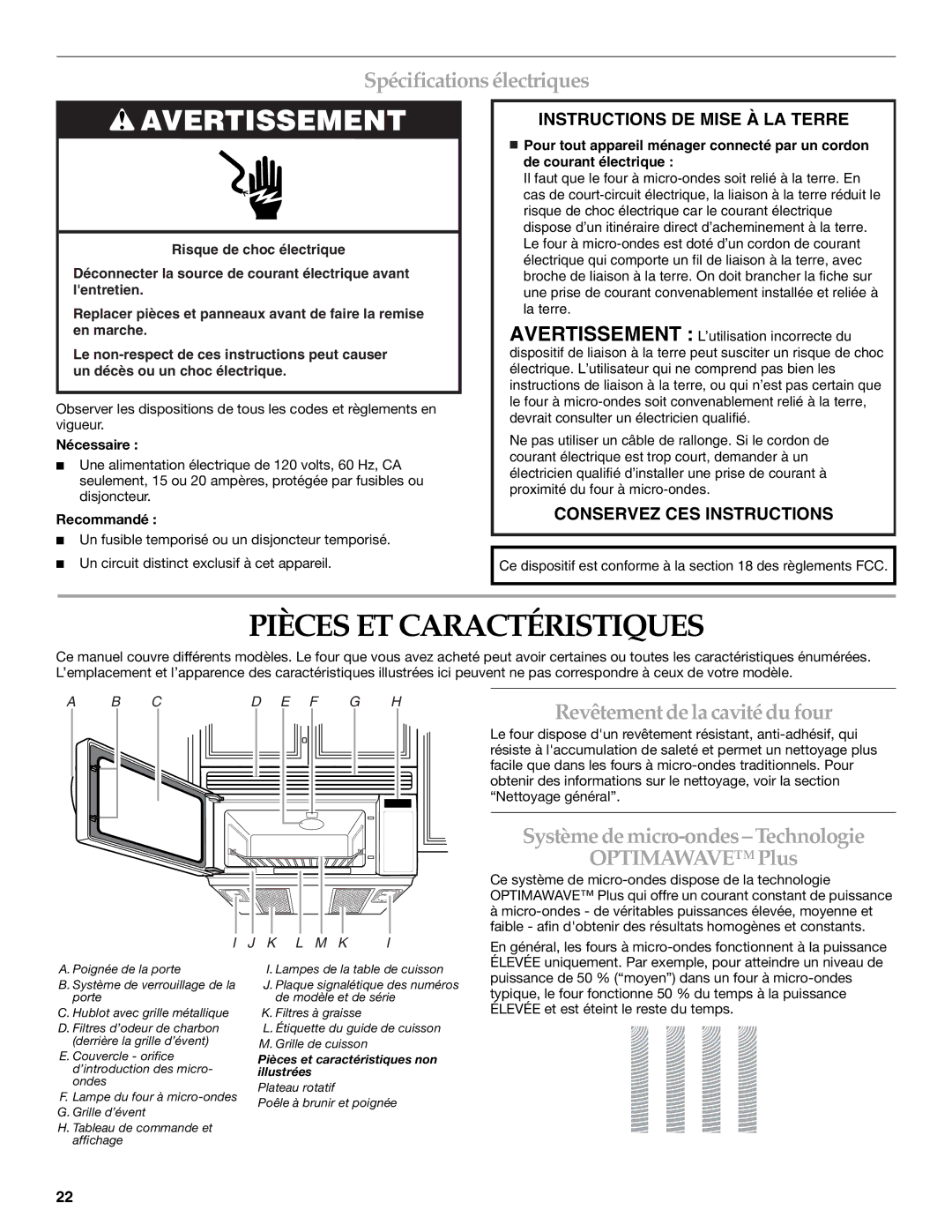 KitchenAid YKHMS175M manual Pièces ET Caractéristiques, Spécifications électriques, Revêtement de la cavité du four 