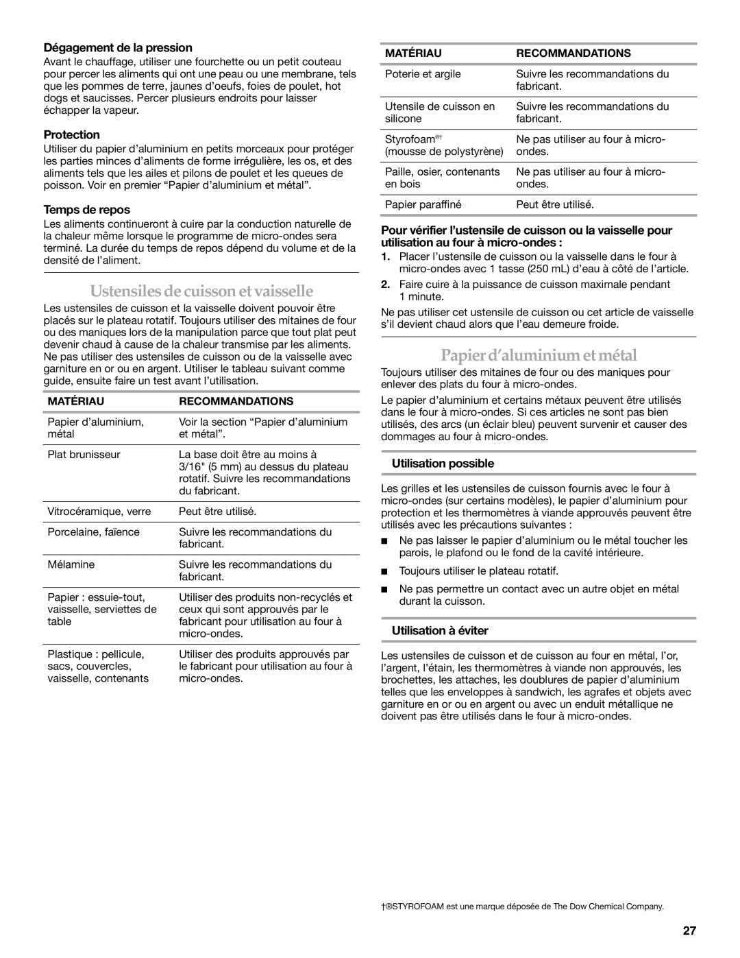 KitchenAid YKHMS175M manual Ustensiles de cuisson et vaisselle, Papier d’aluminium et métal 