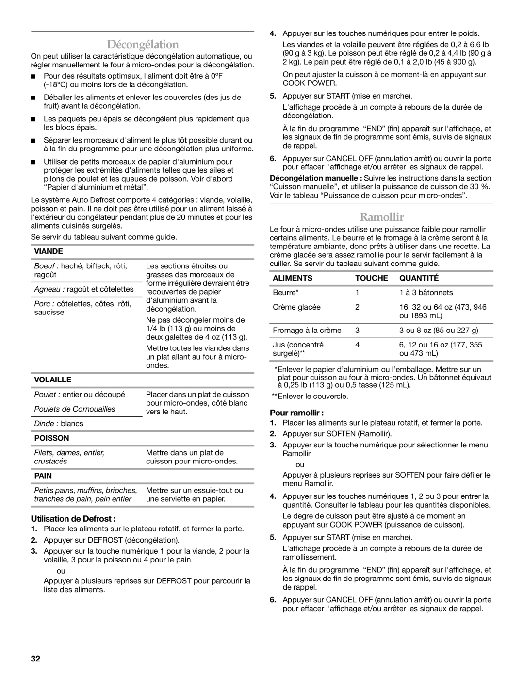 KitchenAid YKHMS175M manual Décongélation, Ramollir, Utilisation de Defrost, Pour ramollir 