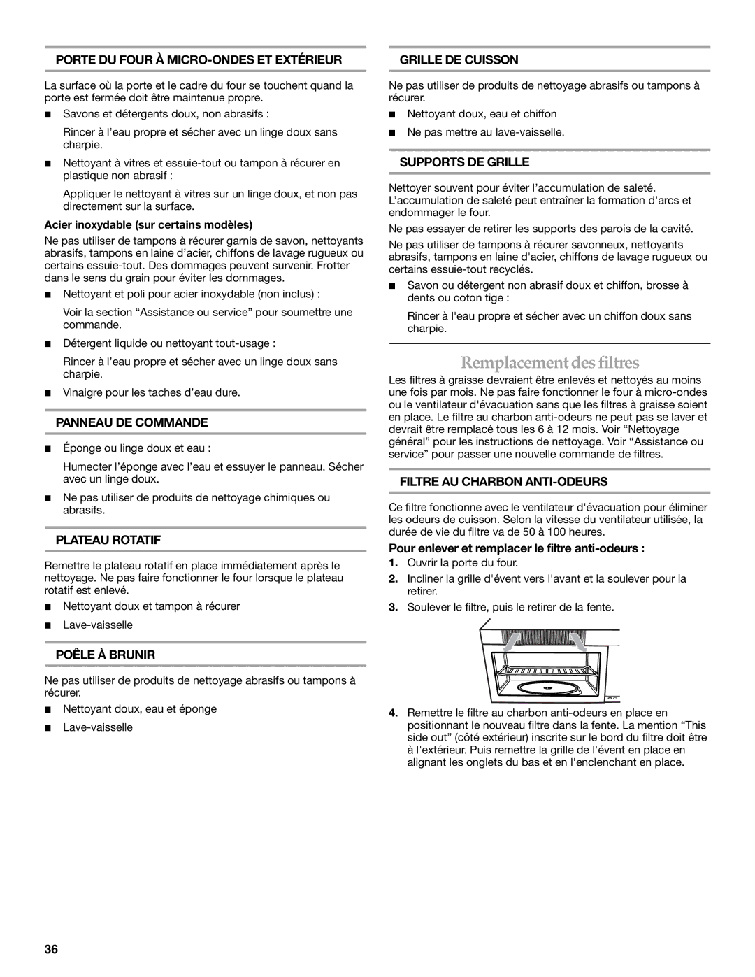 KitchenAid YKHMS175M manual Remplacement des filtres, Pour enlever et remplacer le filtre anti-odeurs 