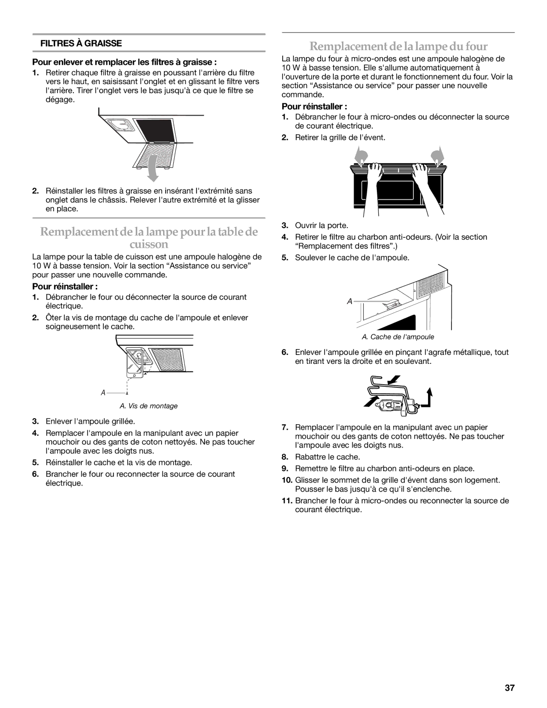 KitchenAid YKHMS175M Remplacement de la lampe pour la table de Cuisson, Remplacement de la lampe du four, Pour réinstaller 