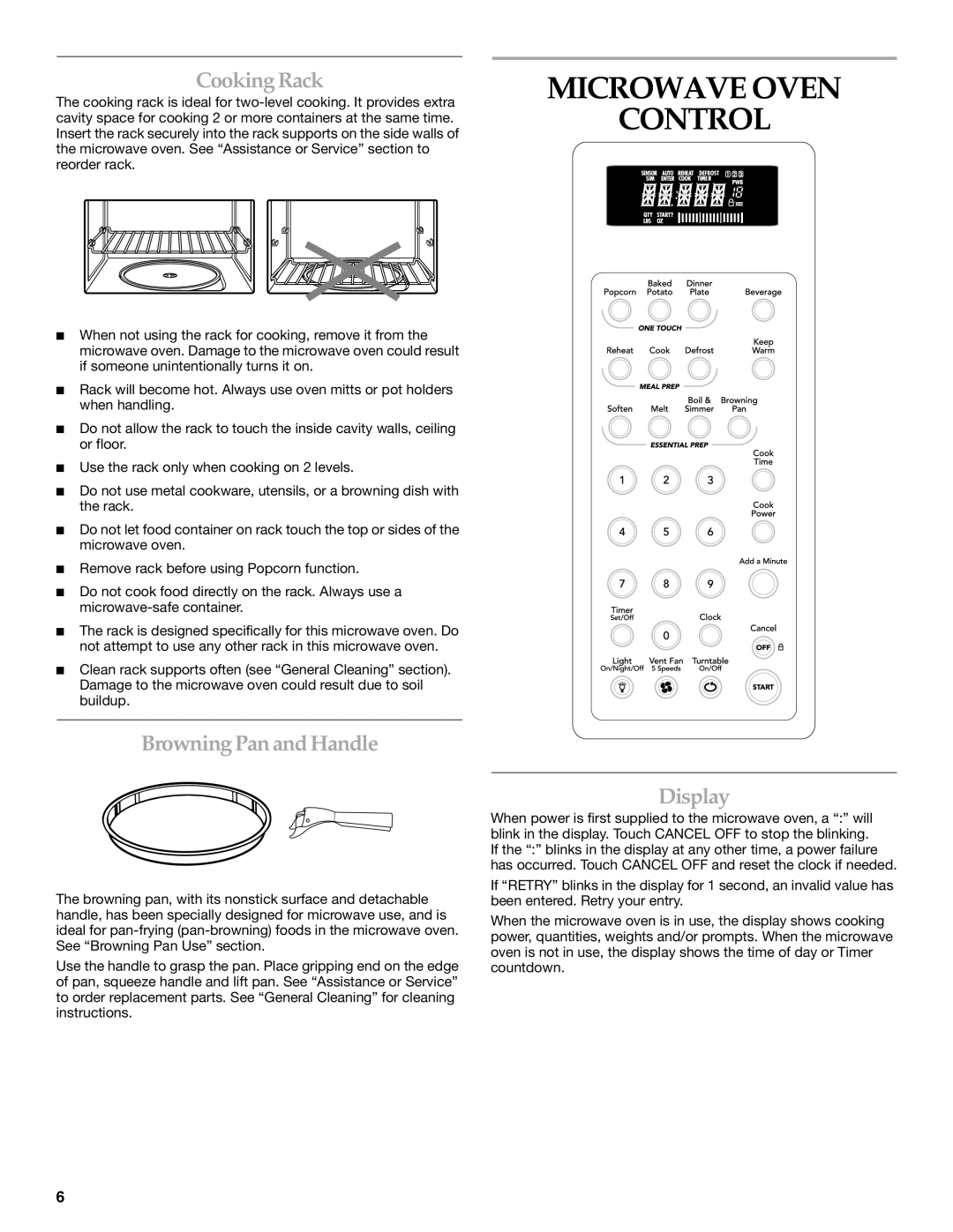 KitchenAid YKHMS175M manual Microwave Oven Control, Cooking Rack, Browning Pan and Handle, Display 