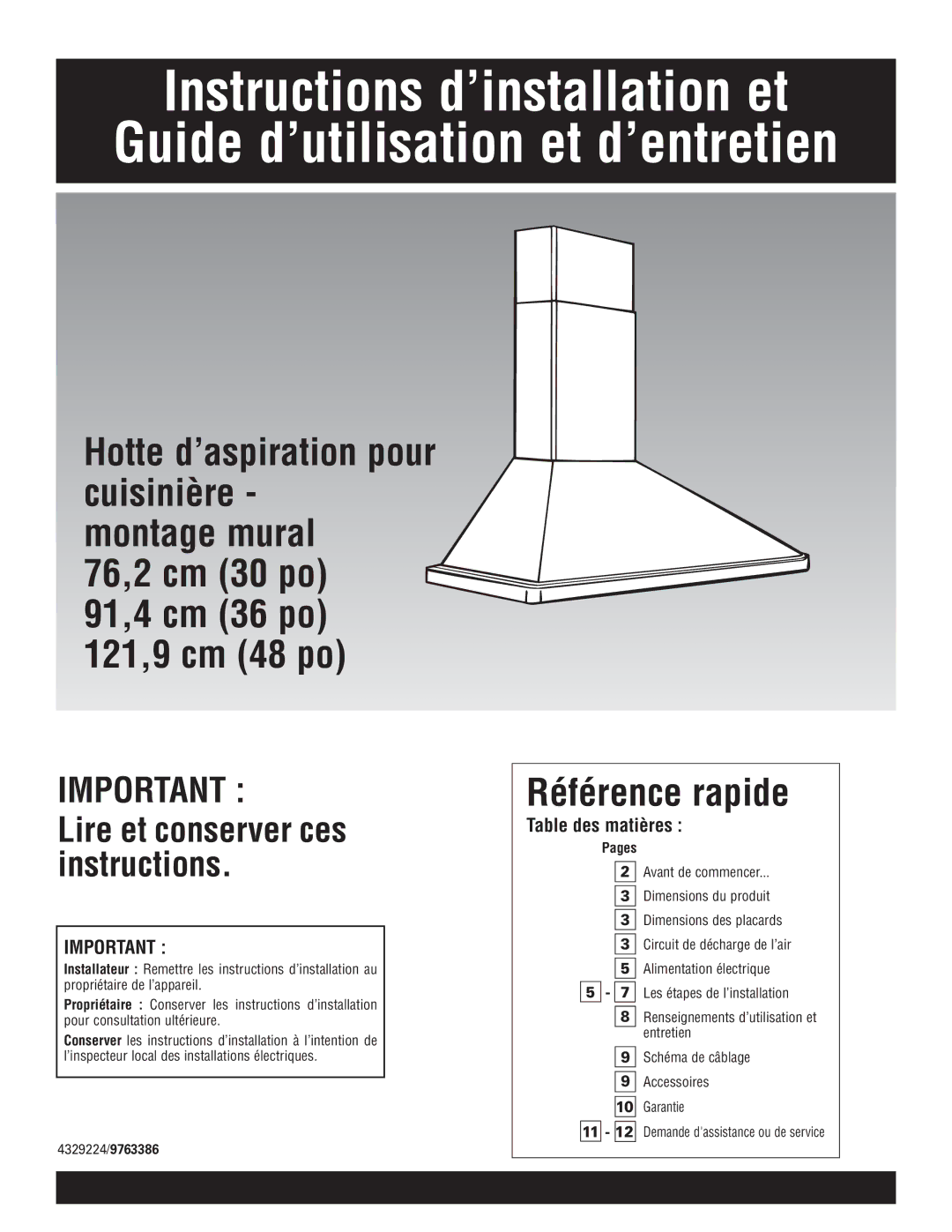 KitchenAid 30" (76.2 cm) 36" (91.4 cm) 48" (121.9 cm) Wall-Mount Canopy Range Hood Instructions d’installation et 