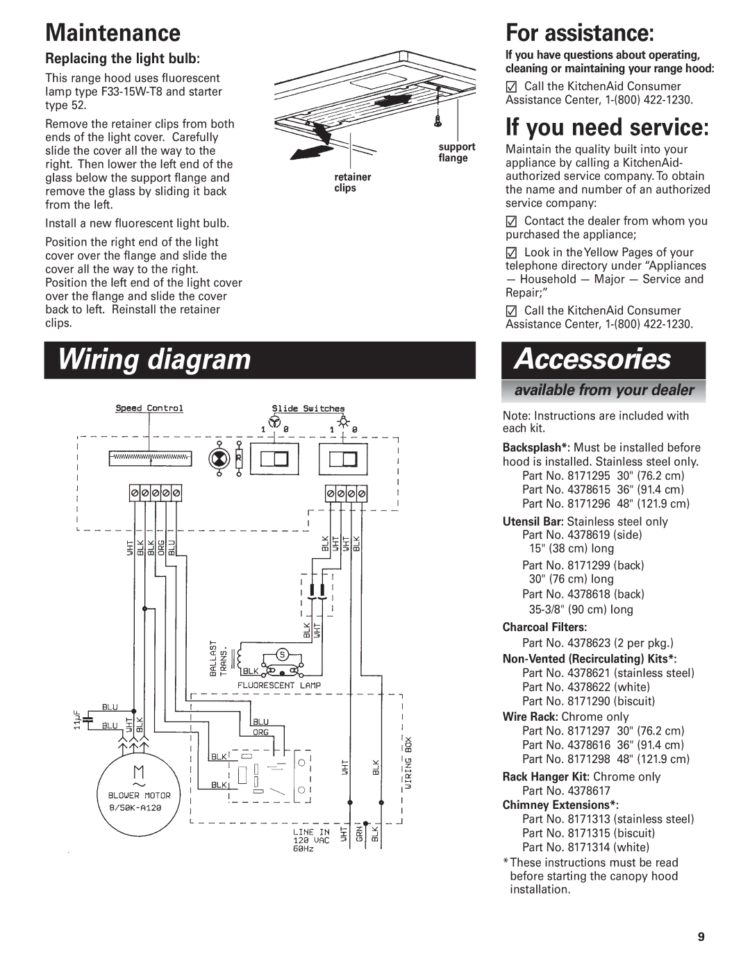 KitchenAid 30" (76.2 cm) 36" (91.4 cm) 48" (121.9 cm) Wall-Mount Canopy Range Hood Wiring diagram, Accessories 