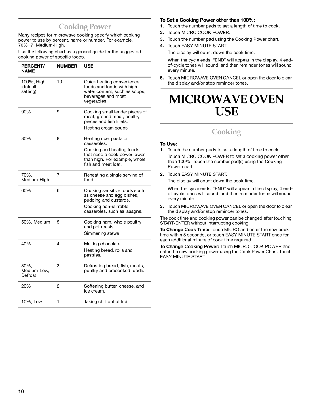 KitchenAid KBMC140, KBMC147, KEMC308, KEMC378, KEMC307, KEMC377, YKEMC307, YKEMC308 Microwave Oven USE, Cooking Power 