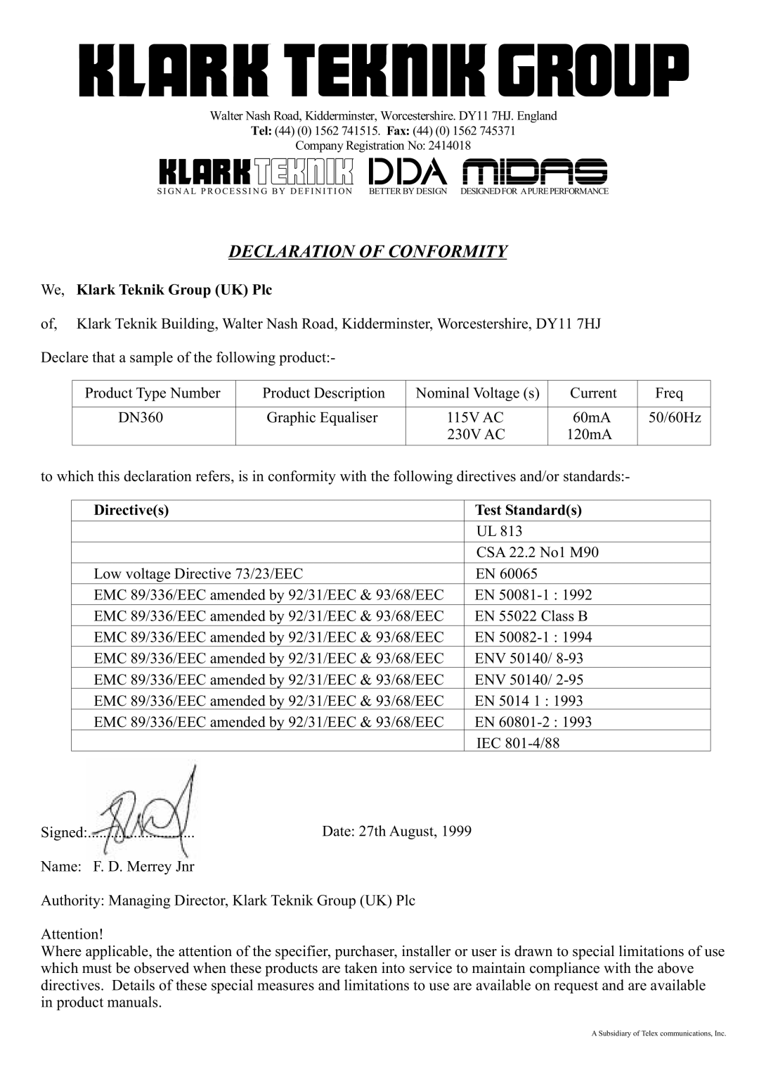 Klark Teknik DN360 manual Declaration of Conformity 