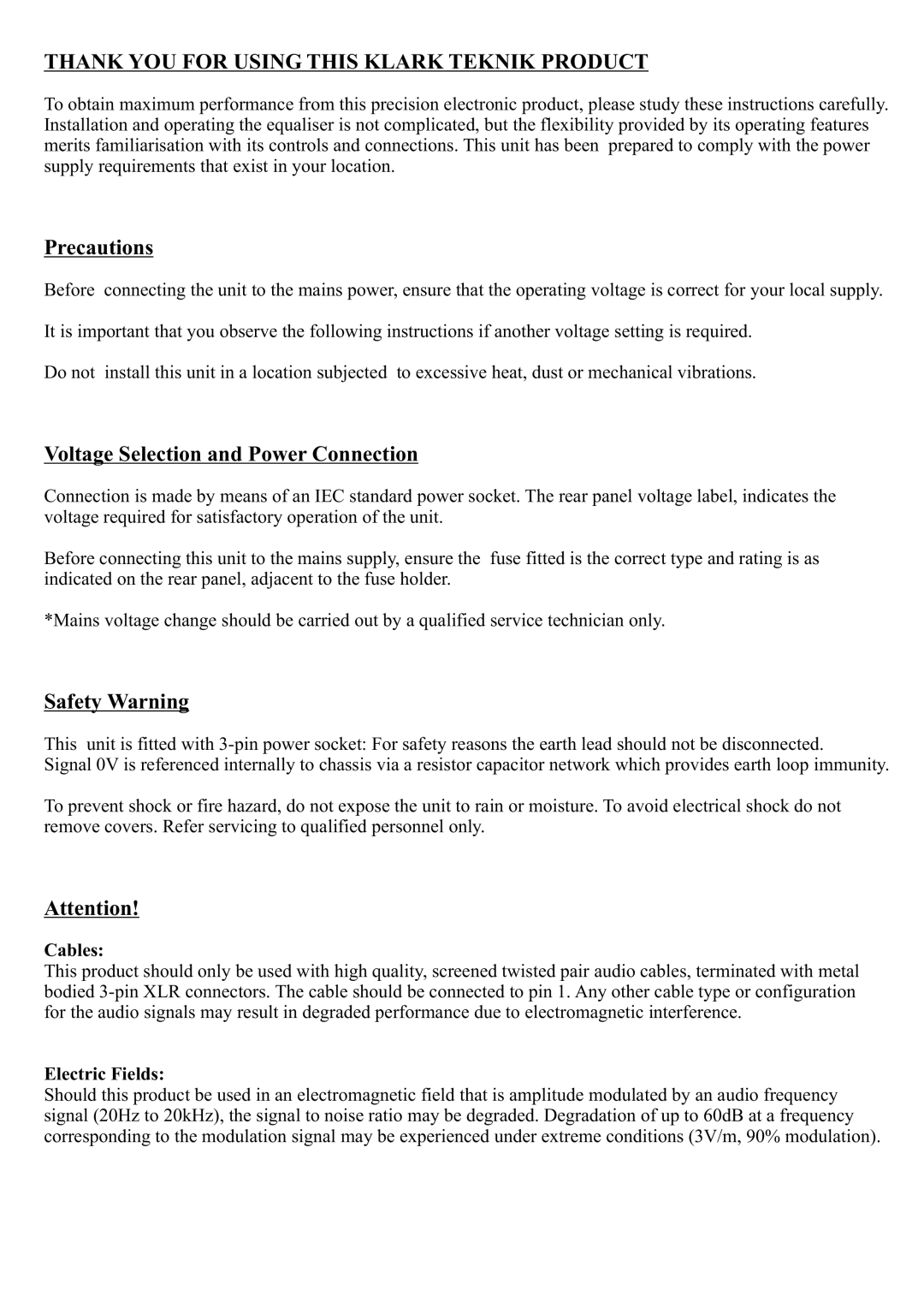 Klark Teknik DN360 manual Precautions, Voltage Selection and Power Connection, Safety Warning 