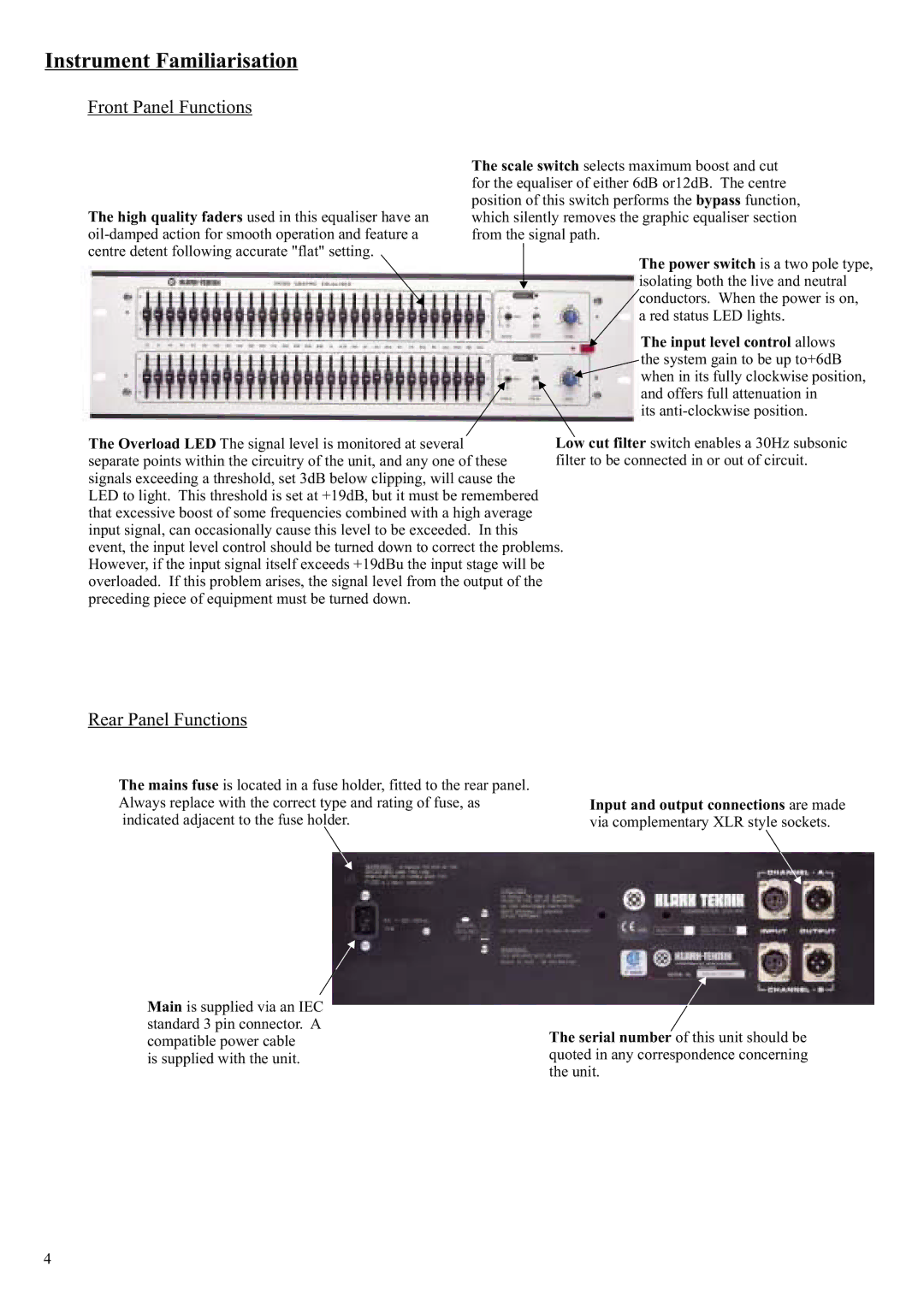 Klark Teknik DN360 manual Instrument Familiarisation, Front Panel Functions 