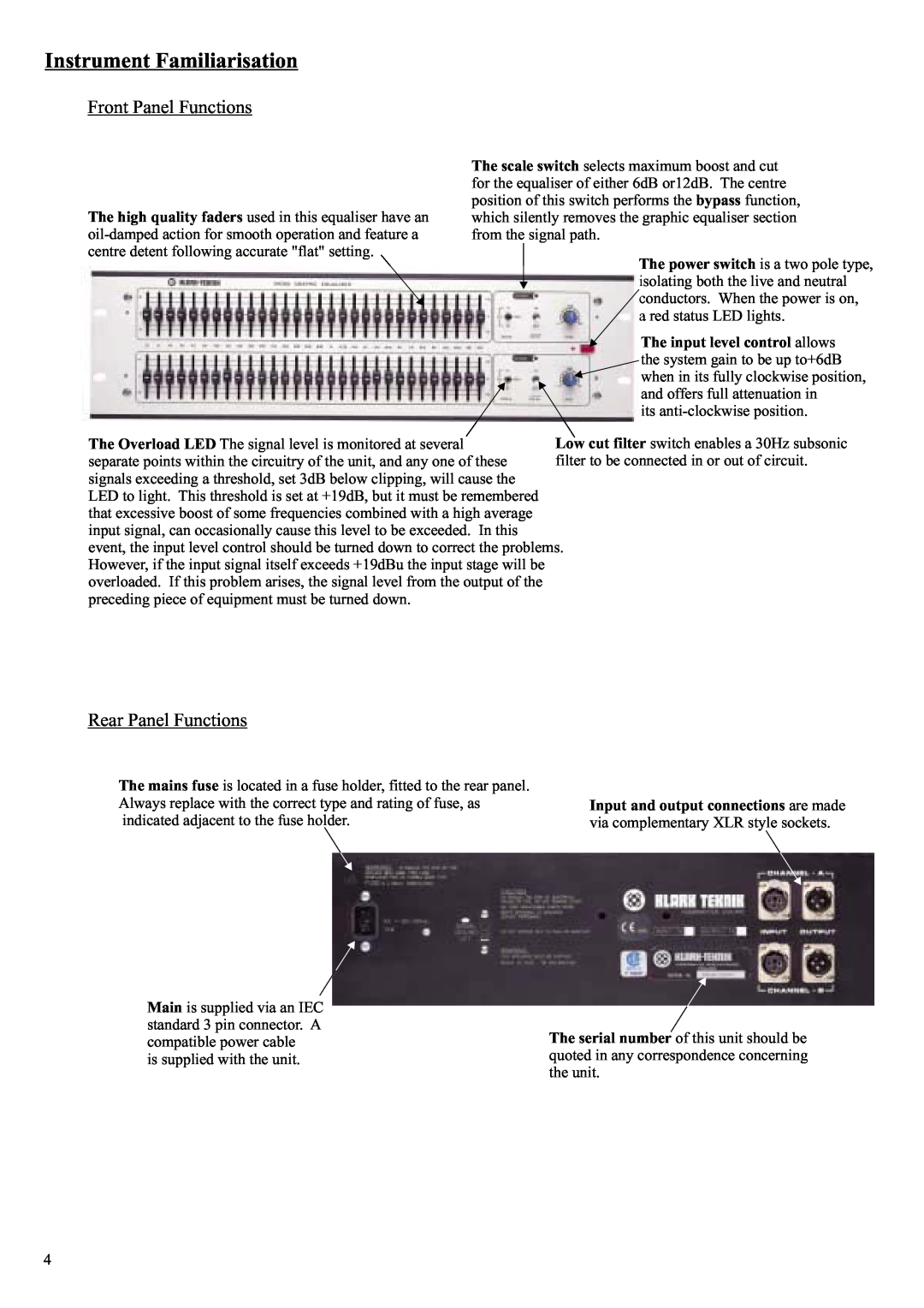 Klark Teknik DN360 manual Instrument Familiarisation, Front Panel Functions, Rear Panel Functions 
