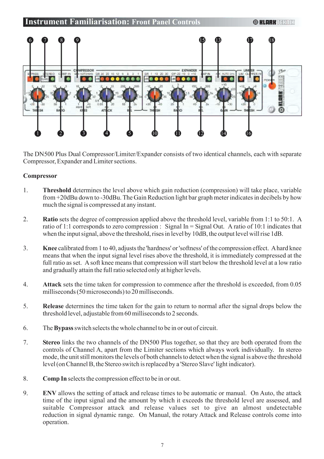 Klark Teknik DN500 manual Instrument Familiar isat ion Front Panel Controls, Compressor 