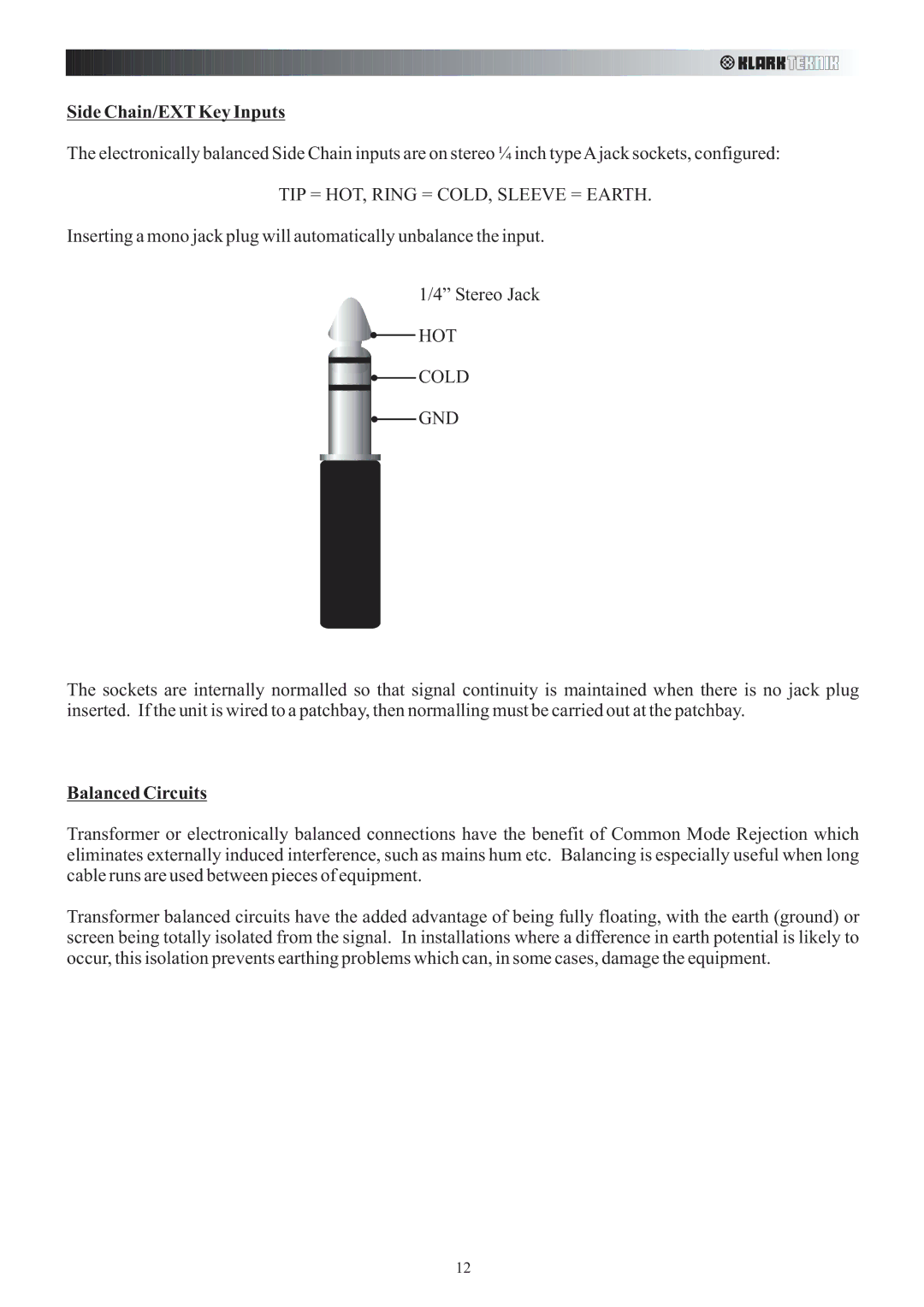 Klark Teknik DN500 manual Side Chain/EXT Key Inputs, Balanced Circuits 