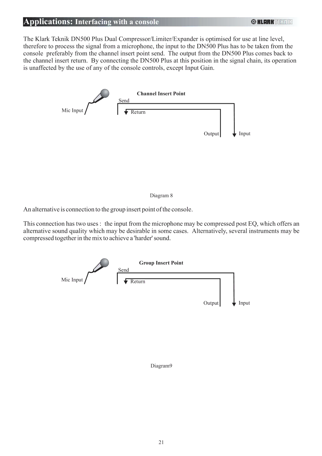 Klark Teknik DN500 manual Applications Interfacing with a console 