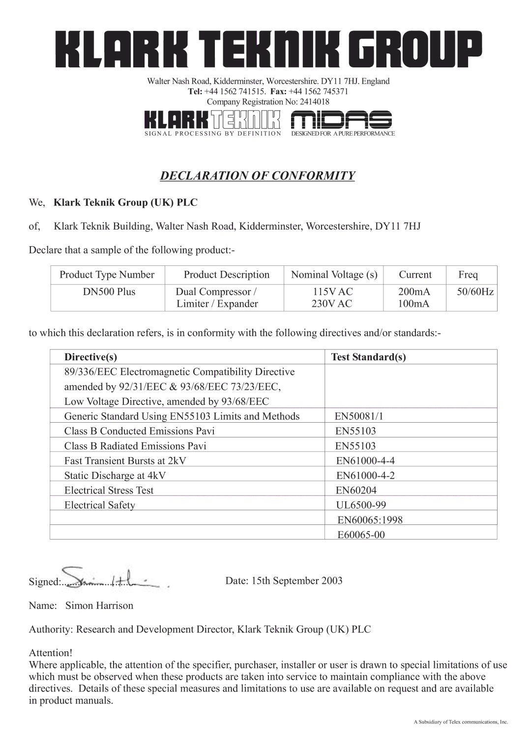 Klark Teknik DN500 manual We, Klark Teknik Group UK PLC, Directives Test Standards 