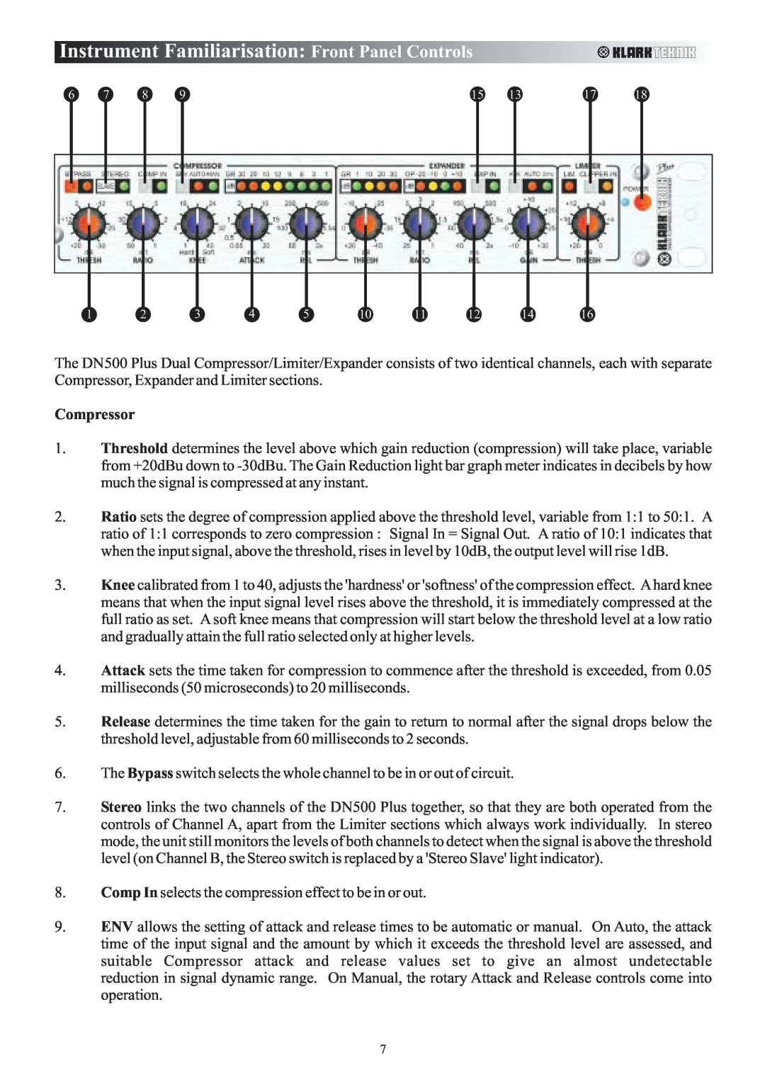 Klark Teknik DN500 manual InstrumentFamiliarisation FrontPanelControls, Compressor 