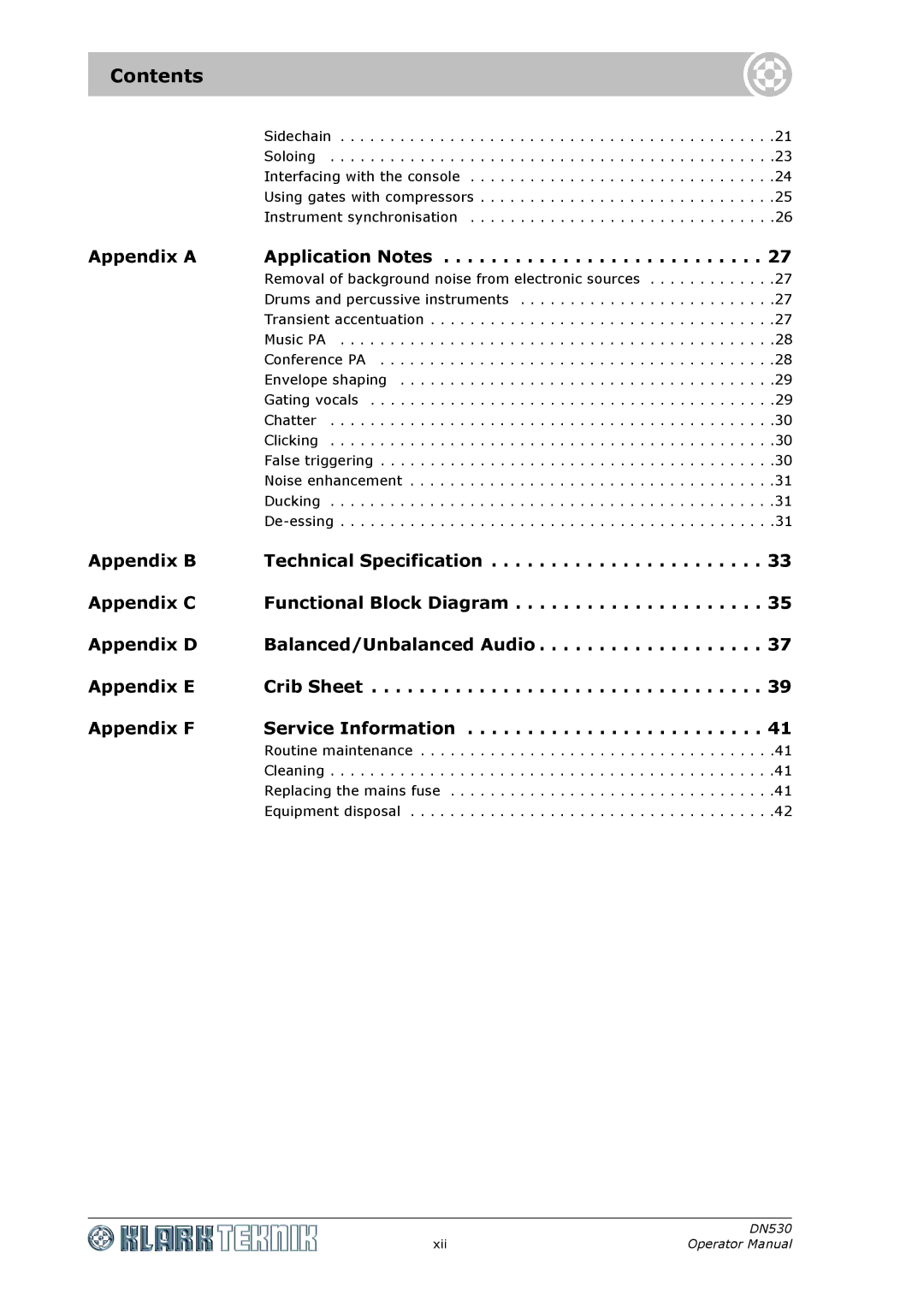 Klark Teknik DN530 specifications Contents 