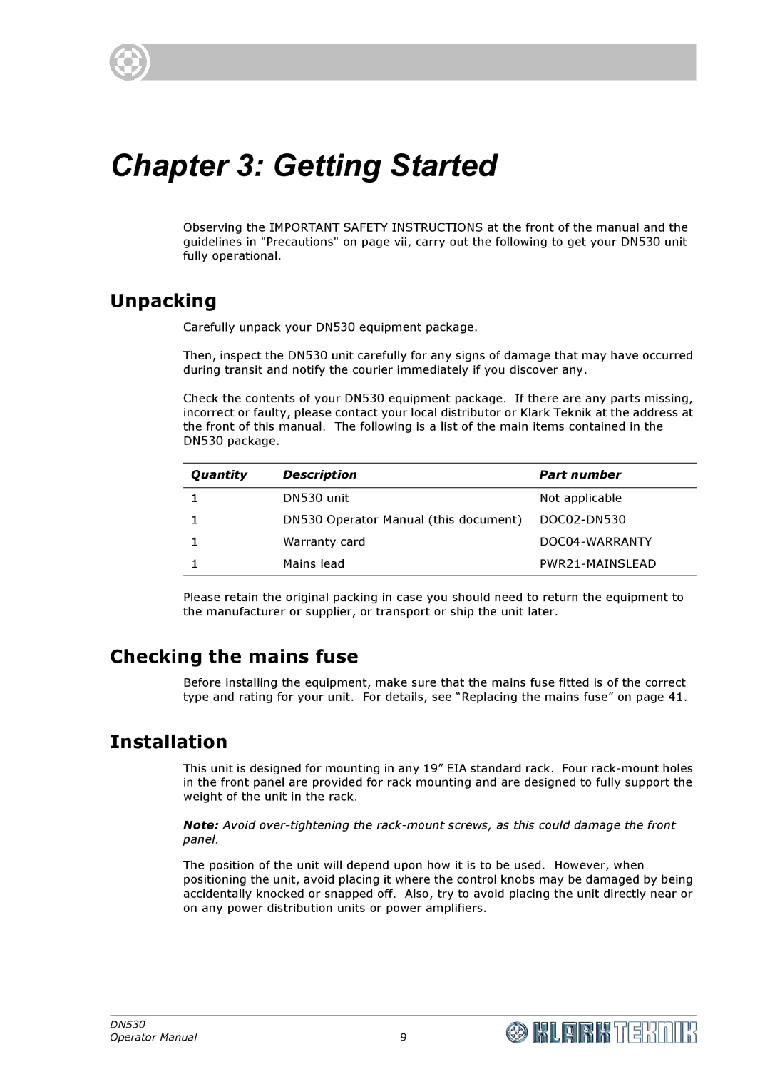 Klark Teknik DN530 specifications Getting Started, Unpacking, Checking the mains fuse 