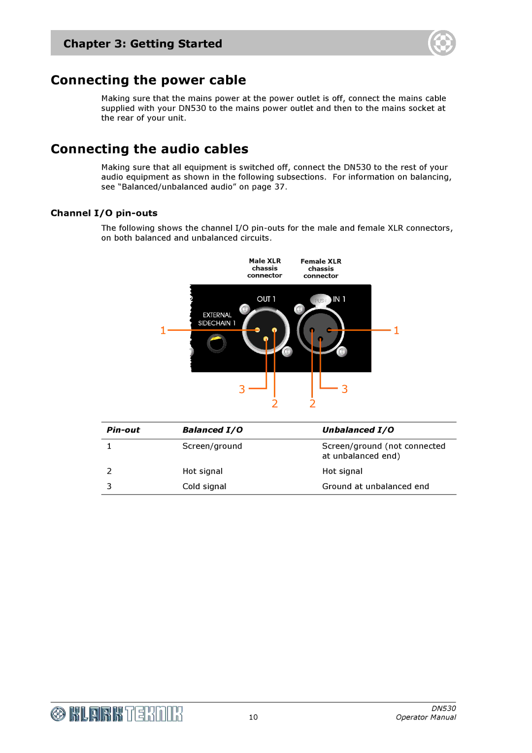 Klark Teknik DN530 specifications Connecting the power cable, Connecting the audio cables, Getting Started 