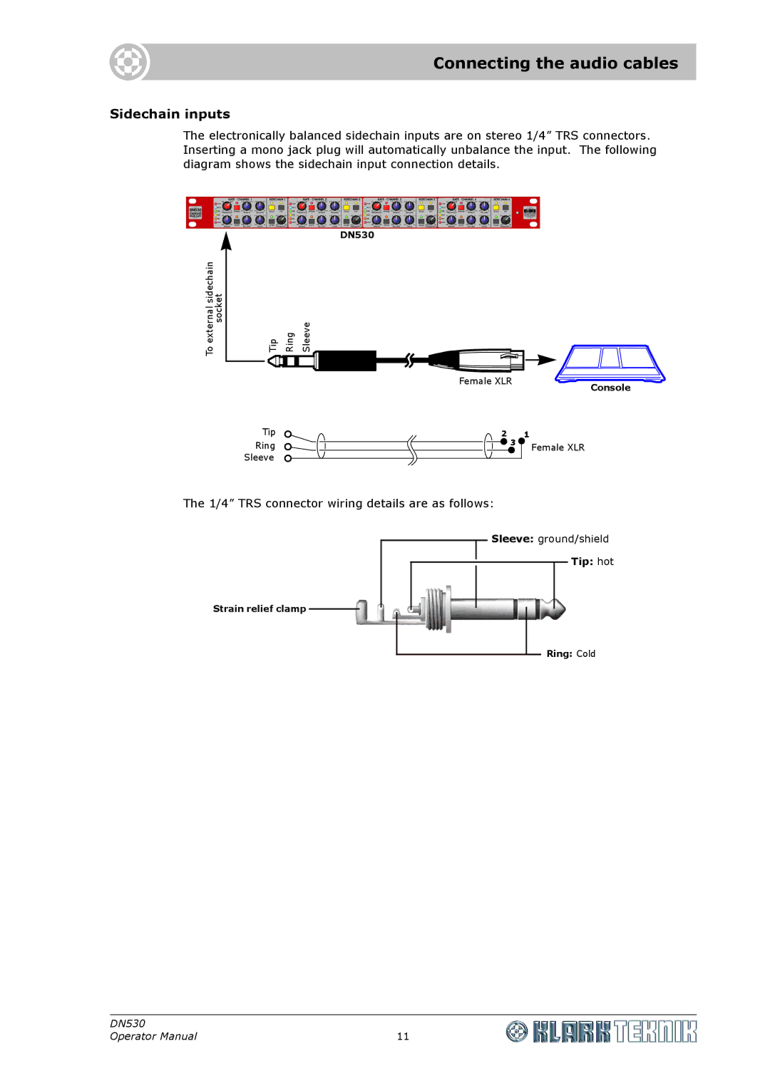 Klark Teknik DN530 specifications Connecting the audio cables, Sidechain inputs 