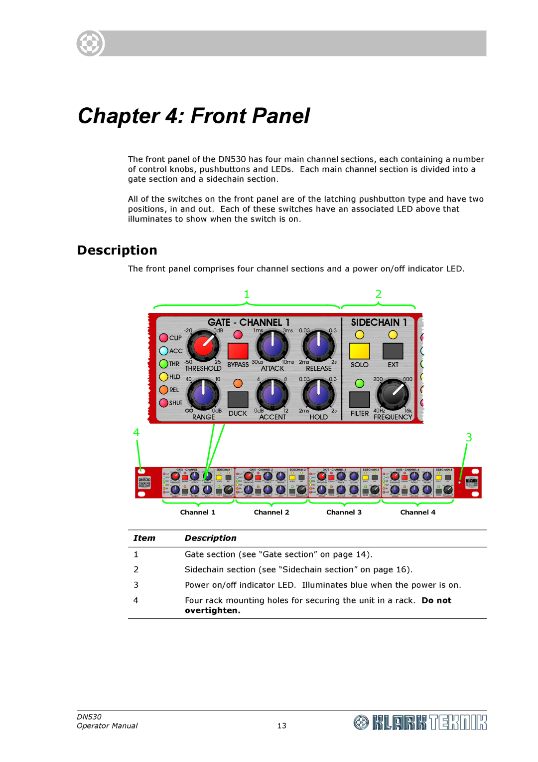 Klark Teknik DN530 specifications Front Panel, Description 