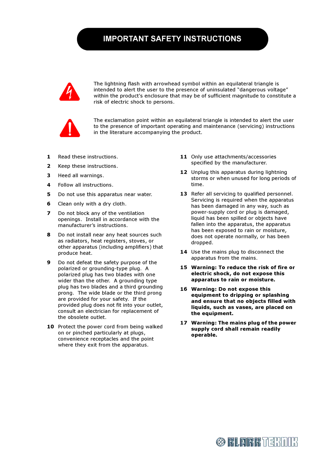 Klark Teknik DN530 specifications Important Safety Instructions 