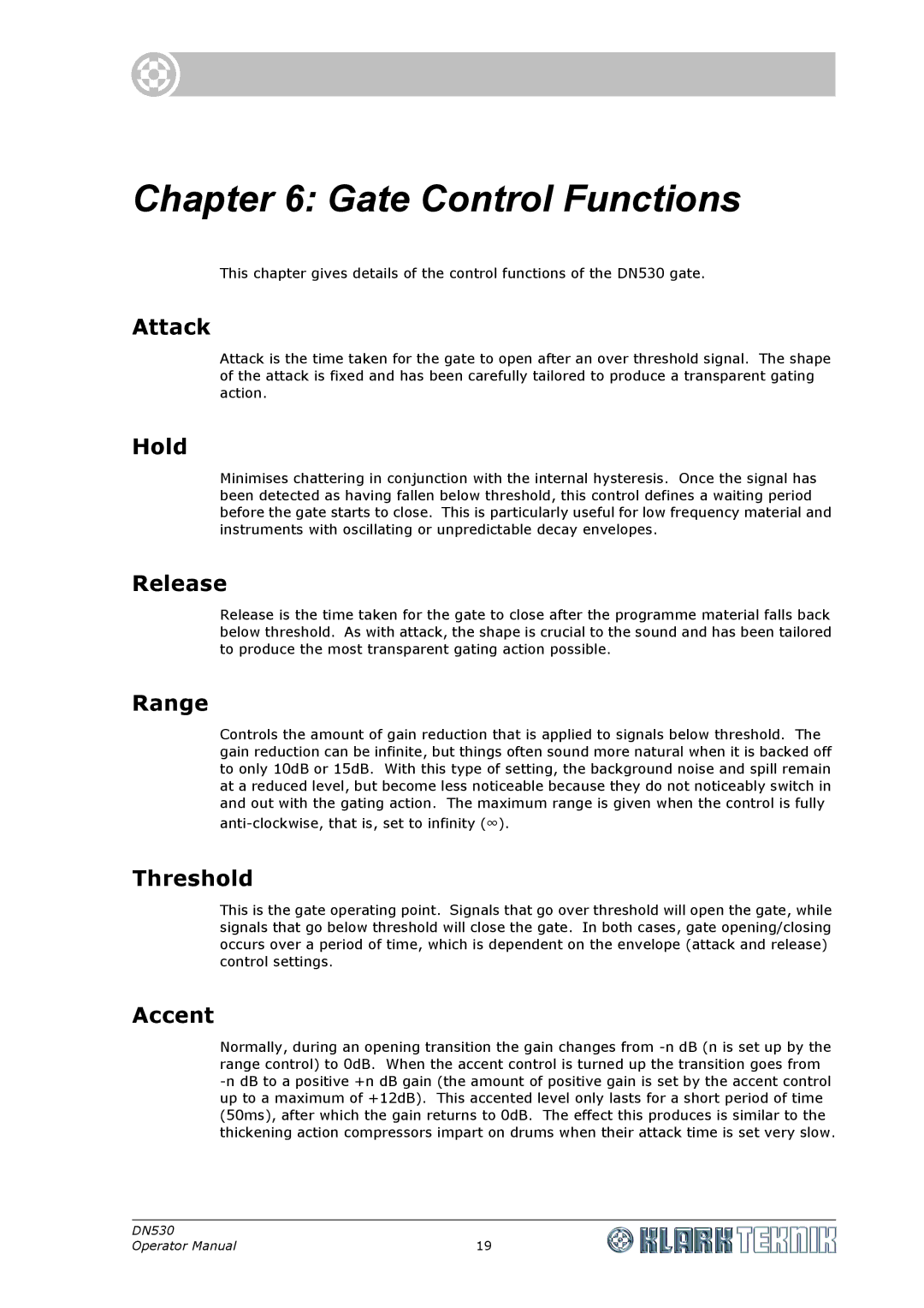 Klark Teknik DN530 specifications Gate Control Functions 