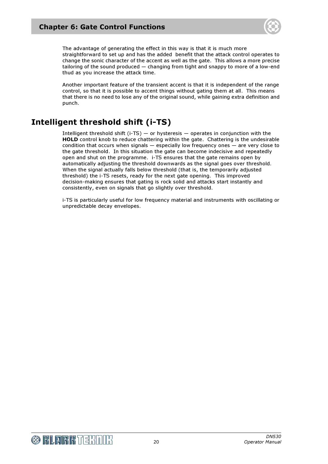 Klark Teknik DN530 specifications Intelligent threshold shift i-TS, Gate Control Functions 