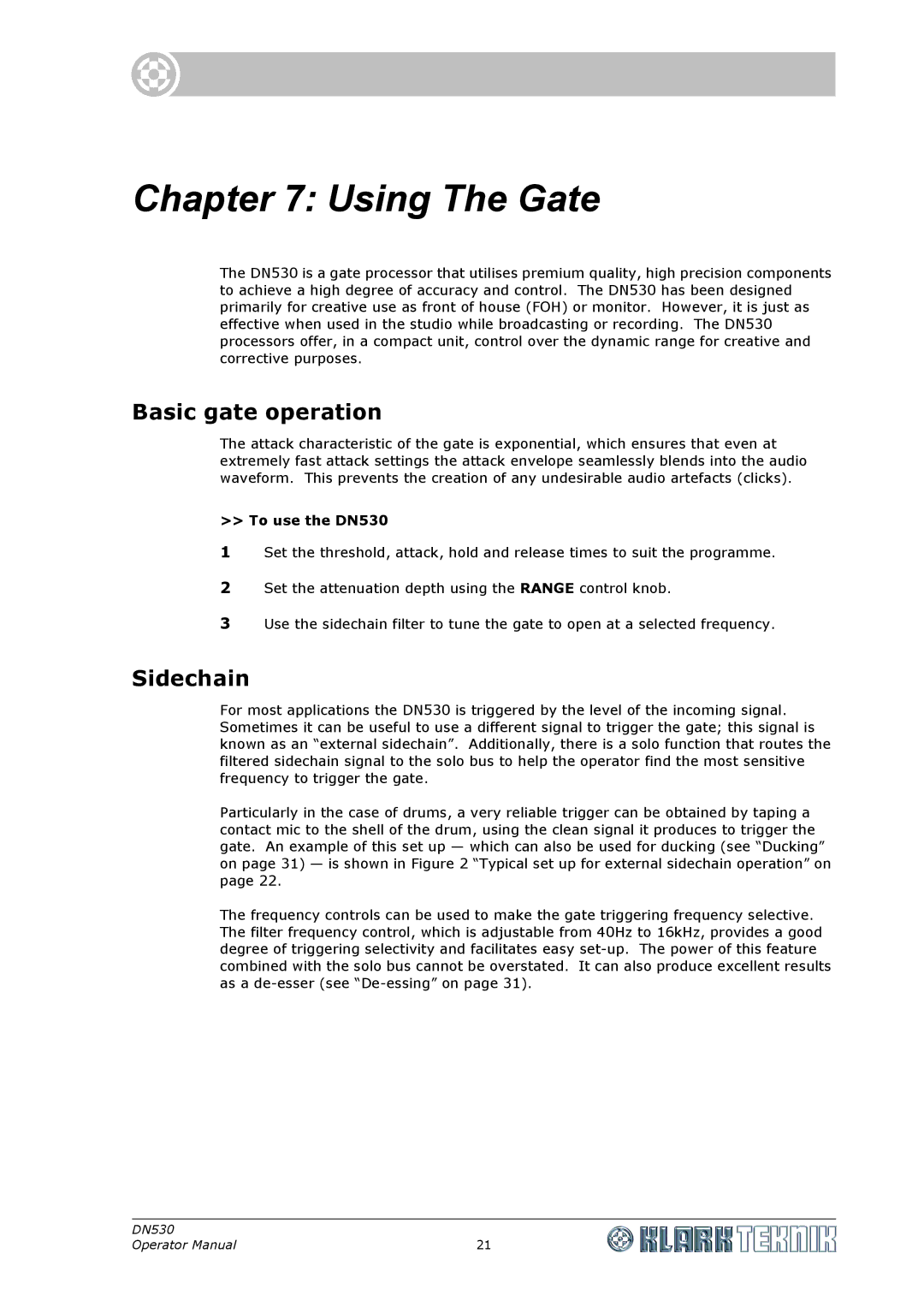 Klark Teknik DN530 specifications Using The Gate, Basic gate operation, Sidechain 