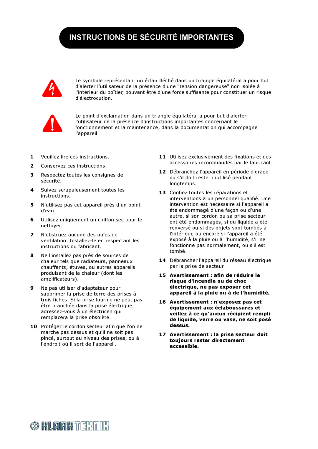 Klark Teknik DN530 specifications Instructions DE Sécurité Importantes 