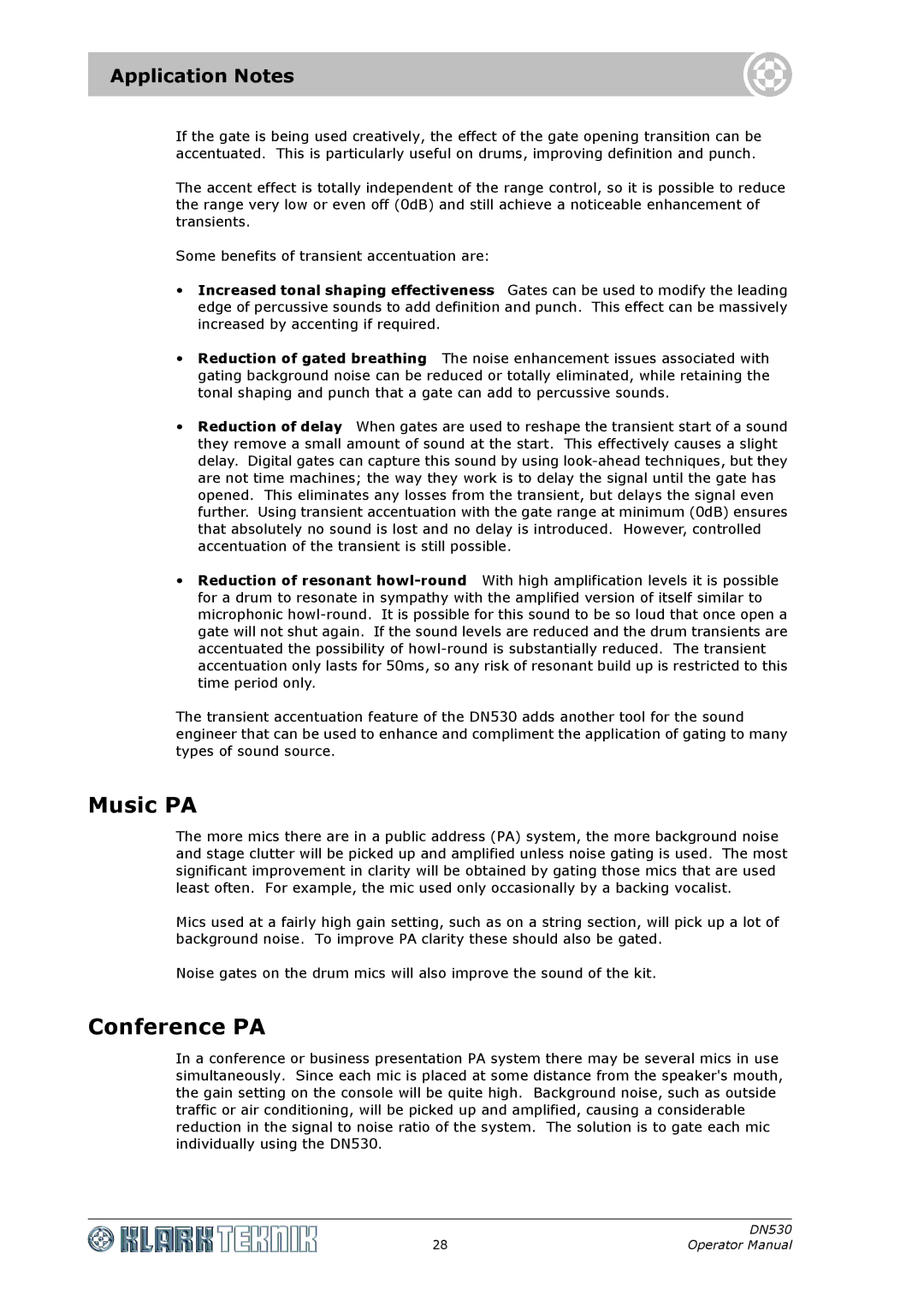 Klark Teknik DN530 specifications Music PA, Conference PA, Application Notes 