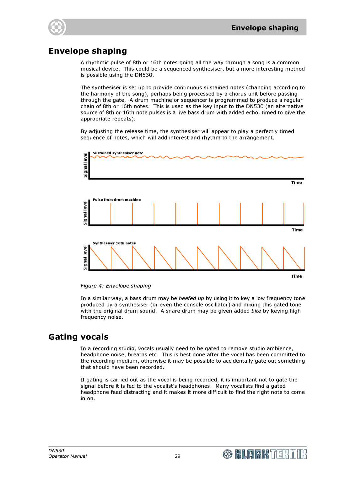 Klark Teknik DN530 specifications Envelope shaping, Gating vocals 