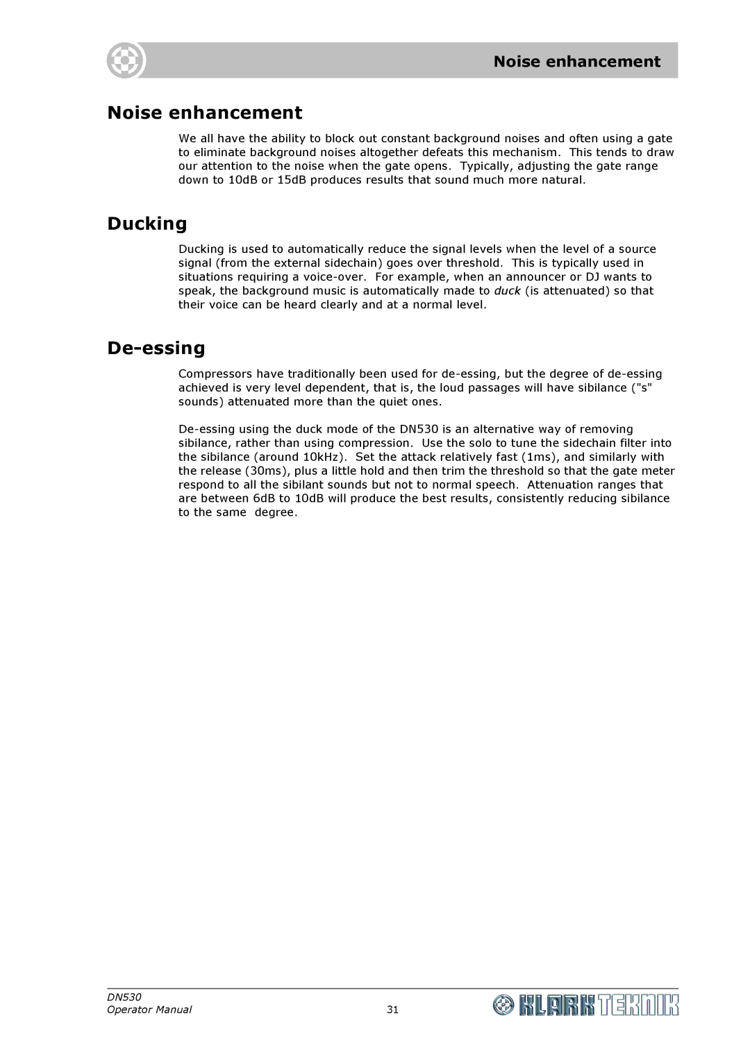 Klark Teknik DN530 specifications Noise enhancement, Ducking, De-essing 