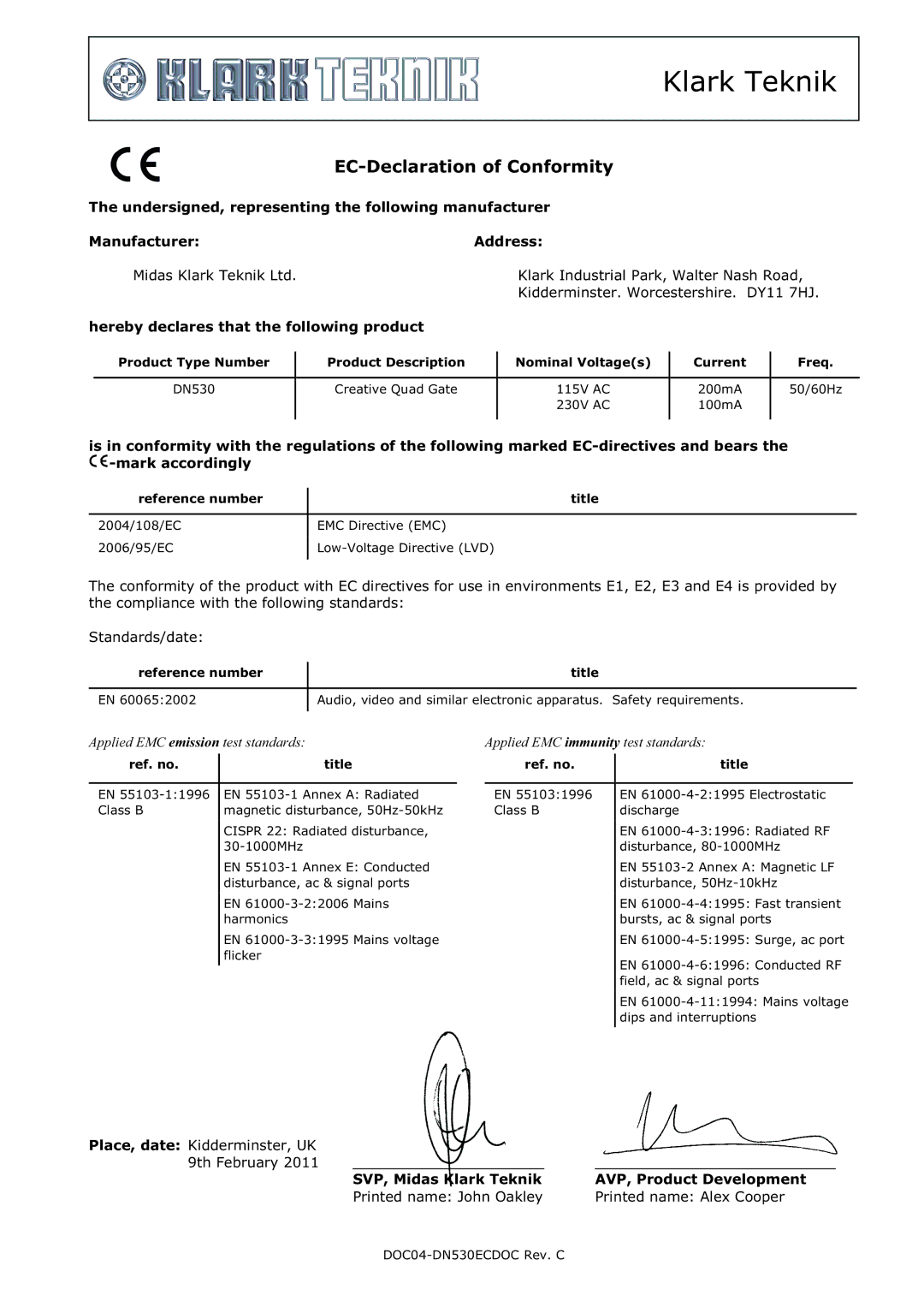 Klark Teknik DN530 specifications Klark Teknik 