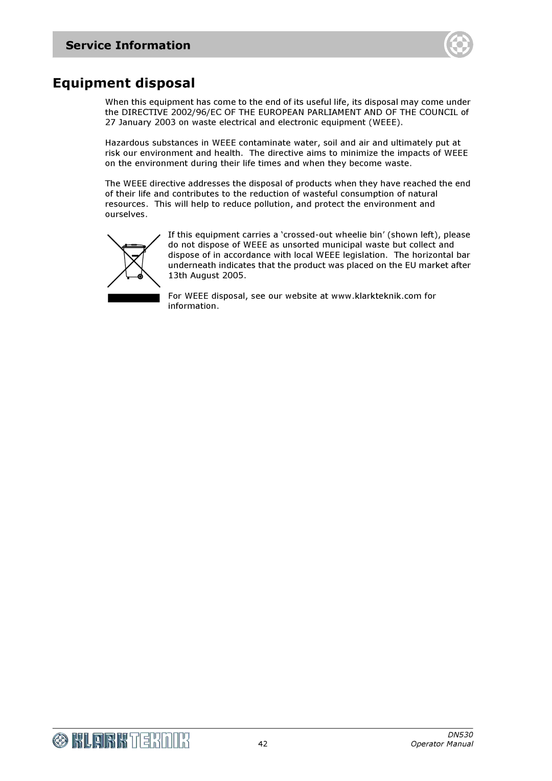 Klark Teknik DN530 specifications Equipment disposal, Service Information 