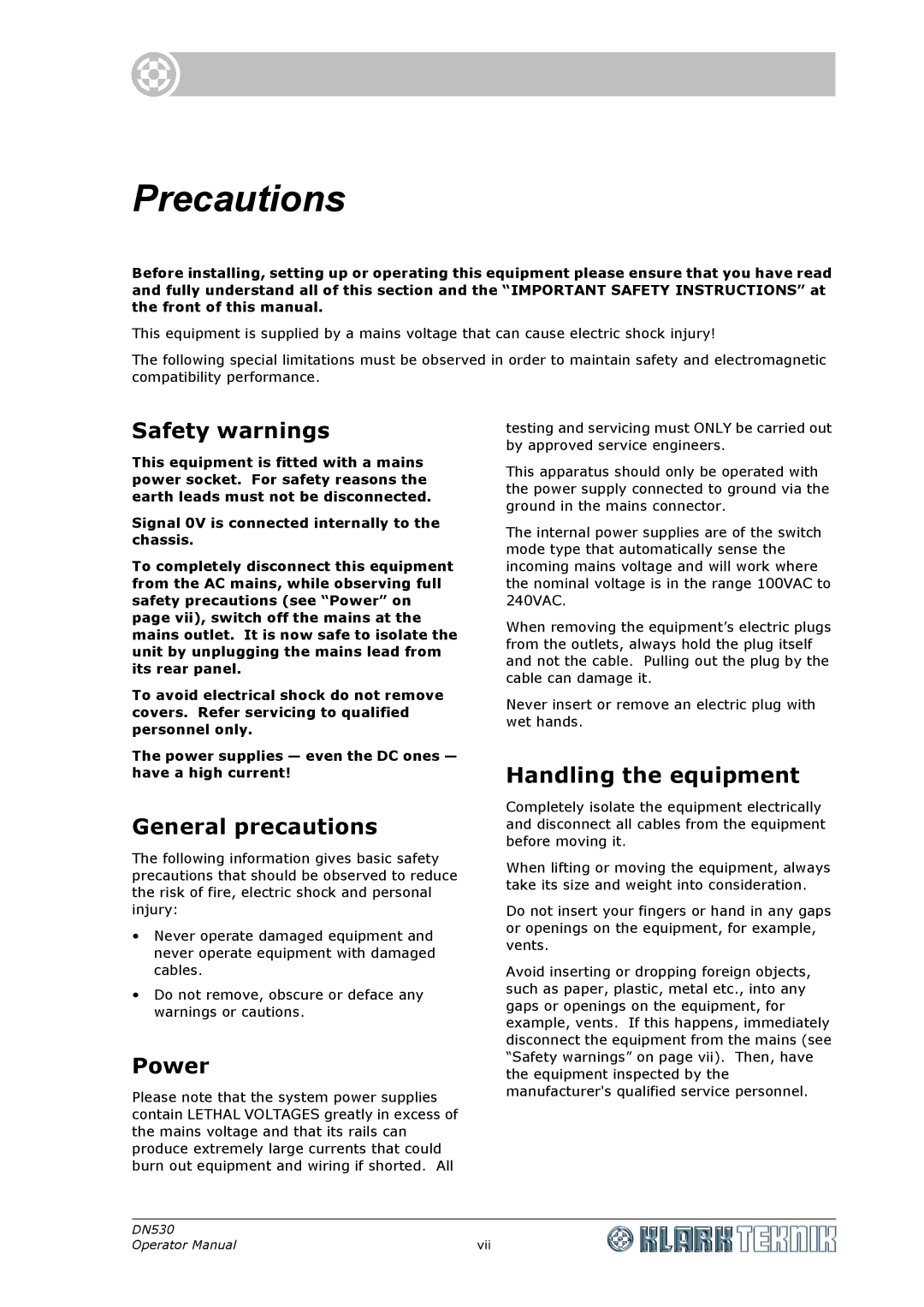 Klark Teknik DN530 specifications Precautions, Safety warnings, General precautions, Power, Handling the equipment 