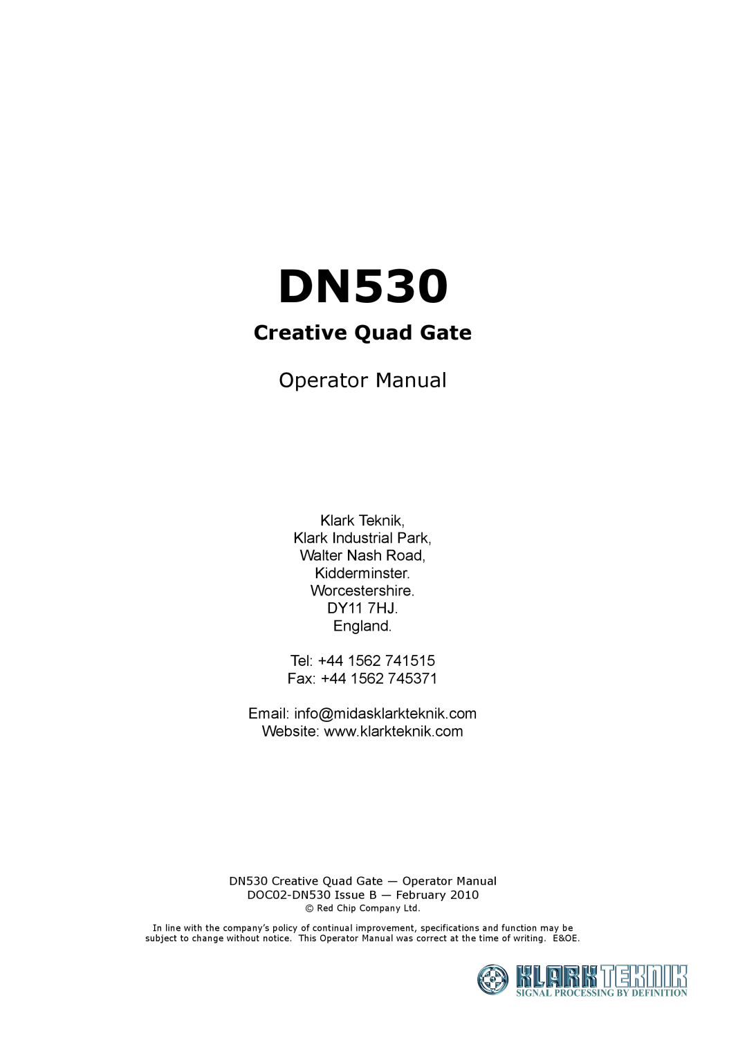 Klark Teknik DN530 specifications Creative Quad Gate, Operator Manual, Klark Teknik Klark Industrial Park 
