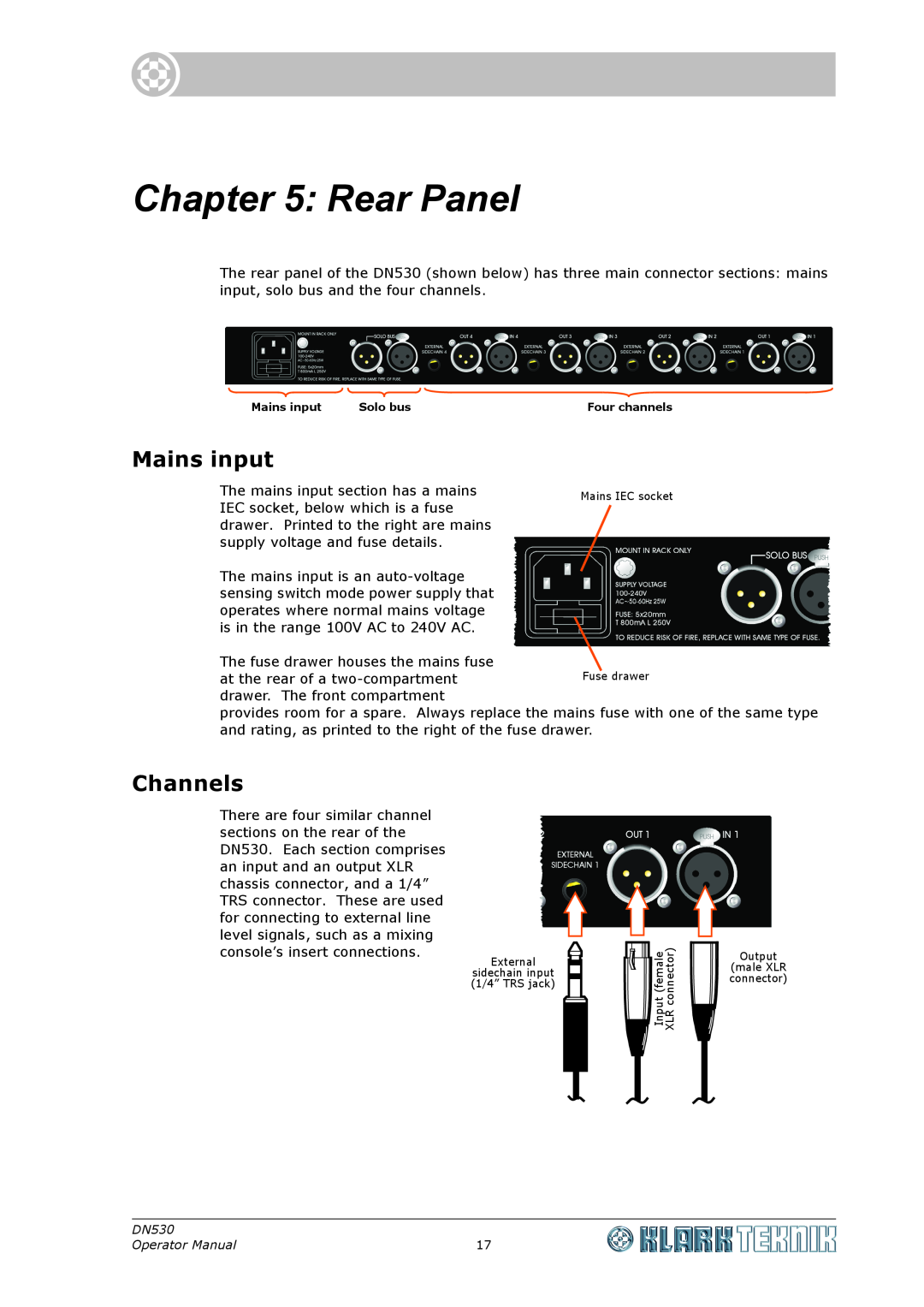 Klark Teknik DN530 specifications Rear Panel, Mains input, Channels 