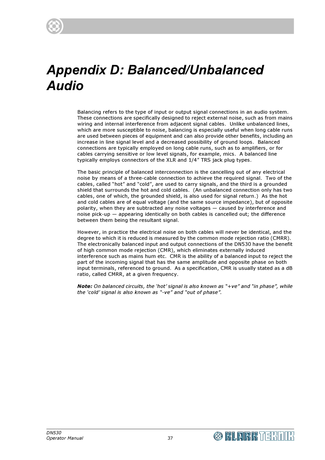 Klark Teknik DN530 specifications Appendix D Balanced/Unbalanced Audio, Operator Manual 
