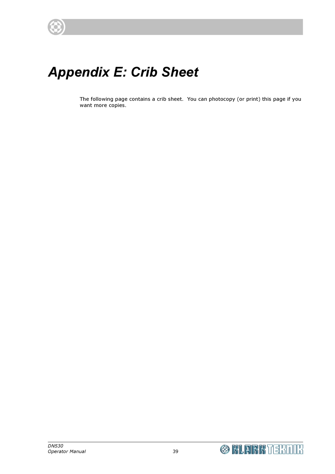 Klark Teknik DN530 specifications Appendix E Crib Sheet, Operator Manual 